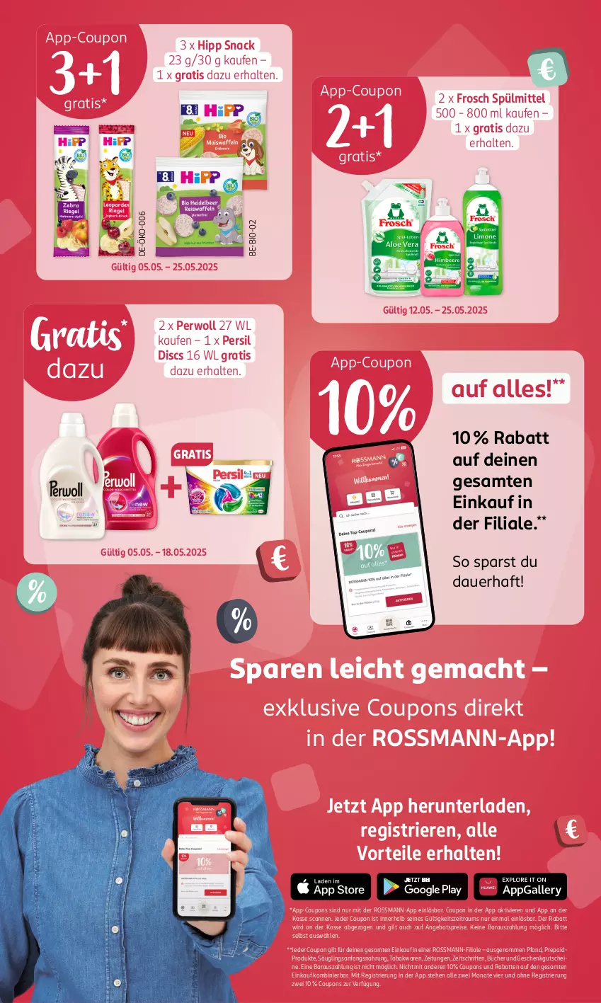 Aktueller Prospekt Rossmann - Prospekte - von 12.05 bis 18.05.2025 - strona 2 - produkty: angebot, angebotspreis, auer, bio, coupon, coupons, eis, Frosch, gutschein, gutscheine, hipp, mac, persil, perwoll, reis, snack, spülmittel, Ti