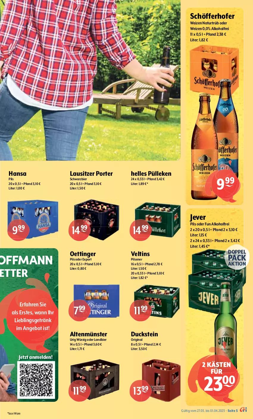 Aktueller Prospekt Getraenke Hoffmann - Prospekte - von 27.03 bis 01.04.2023 - strona 5 - produkty: alkohol, Altenmünster, angebot, Berger, bier, Duck, elle, getränk, gin, jever, kellerbier, krombache, krombacher, LG, natur, oettinger, pils, pilsener, pilsner, pilsner urquell, schöfferhofer, Stiegl, Ti, veltins, veltins pilsener