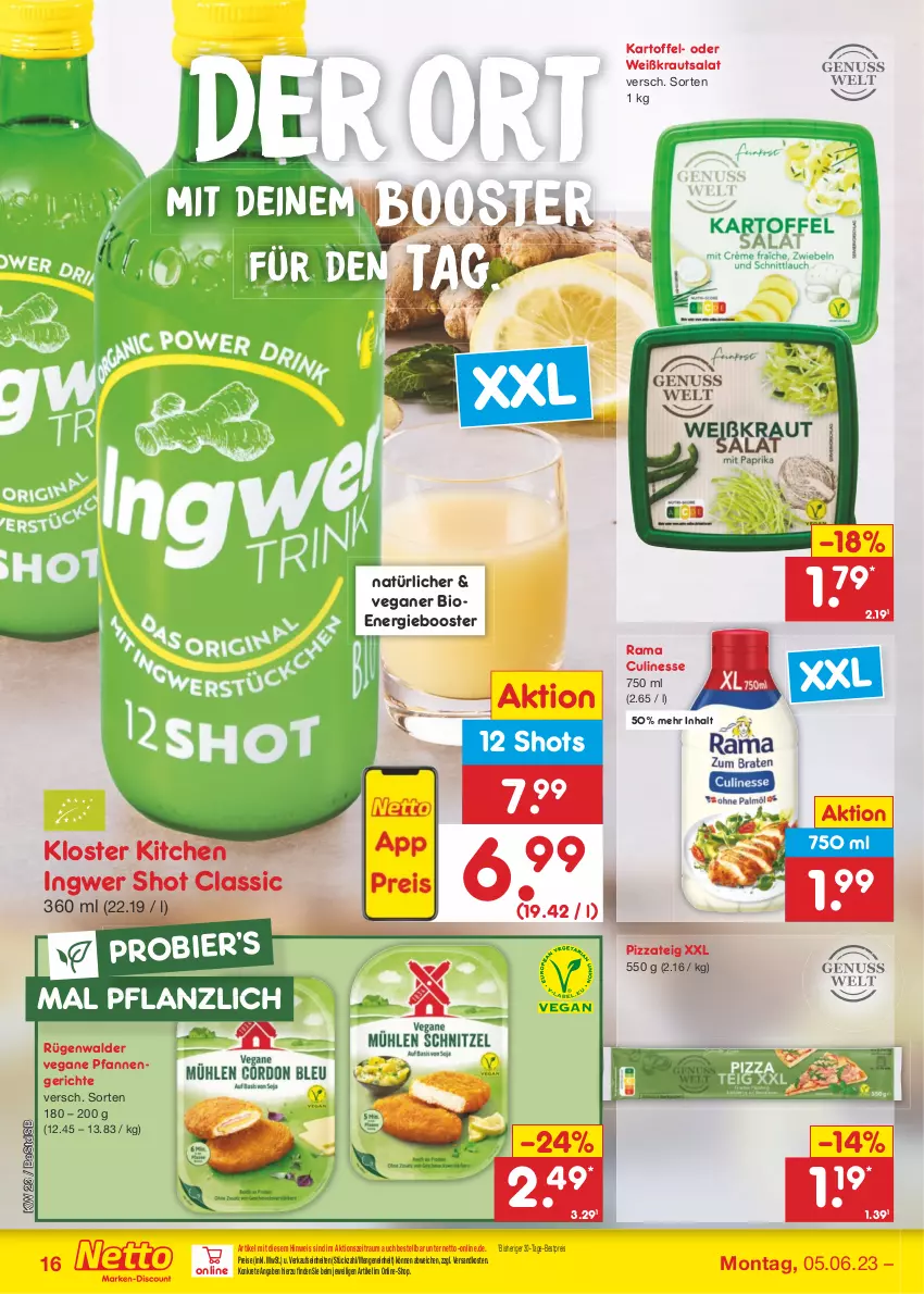 Aktueller Prospekt Netto Marken-Discount - Filial-Angebote - von 05.06 bis 10.06.2023 - strona 16 - produkty: bestpreis, bier, bio, culinesse, eis, ingwer, kartoffel, Kraut, krautsalat, ndk, pfanne, pfannen, pizza, Pizzateig, rama, Rama Culinesse, reis, rügenwalder, salat, Ti