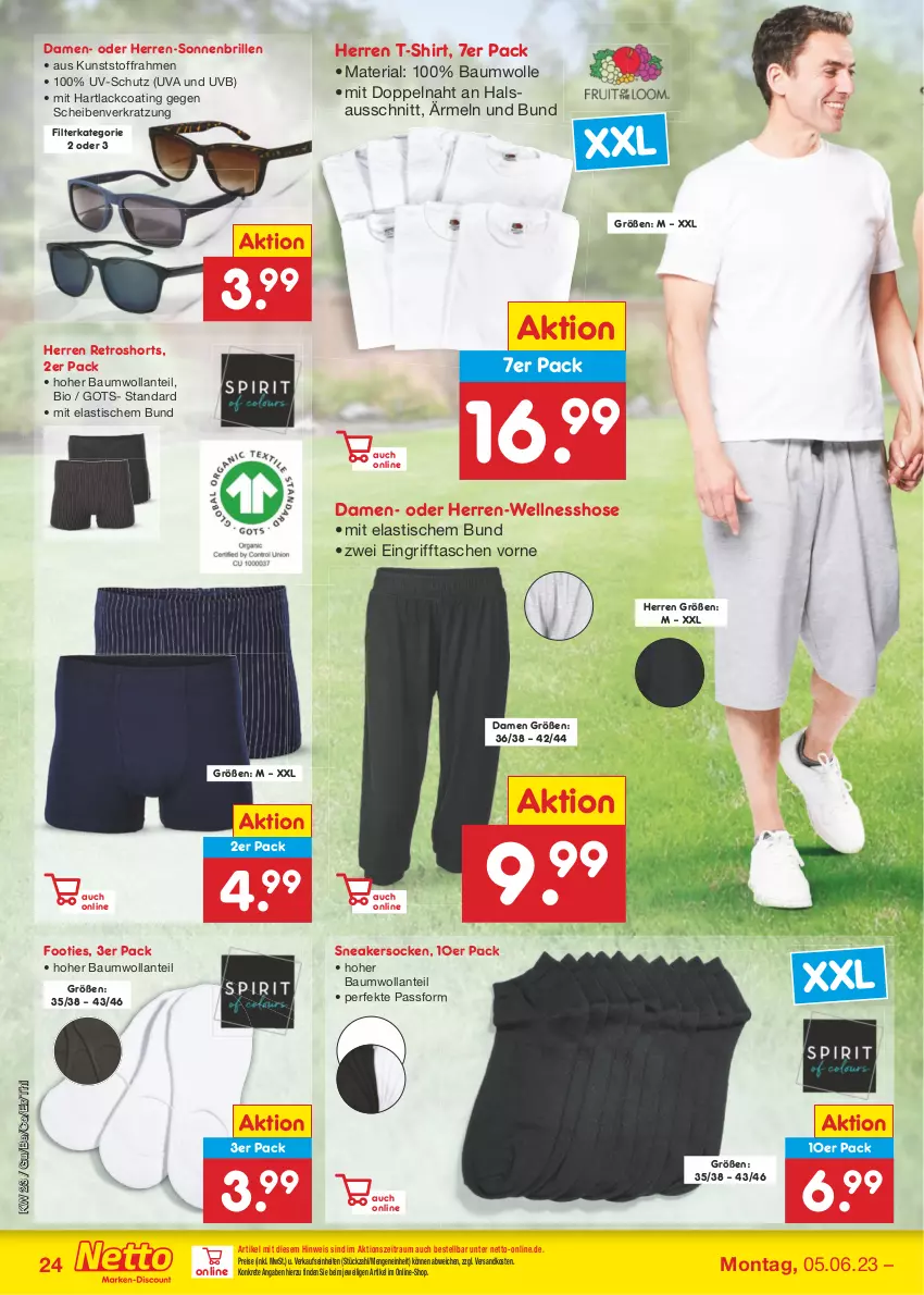 Aktueller Prospekt Netto Marken-Discount - Filial-Angebote - von 05.06 bis 10.06.2023 - strona 24 - produkty: asti, Bau, baumwolle, bio, Brille, eis, hose, lack, ndk, reis, retroshorts, Ria, shirt, shorts, sneaker, sneakersocken, socken, sonnenbrille, T-Shirt, Tasche, taschen, Ti, tisch, uv-schutz, wolle