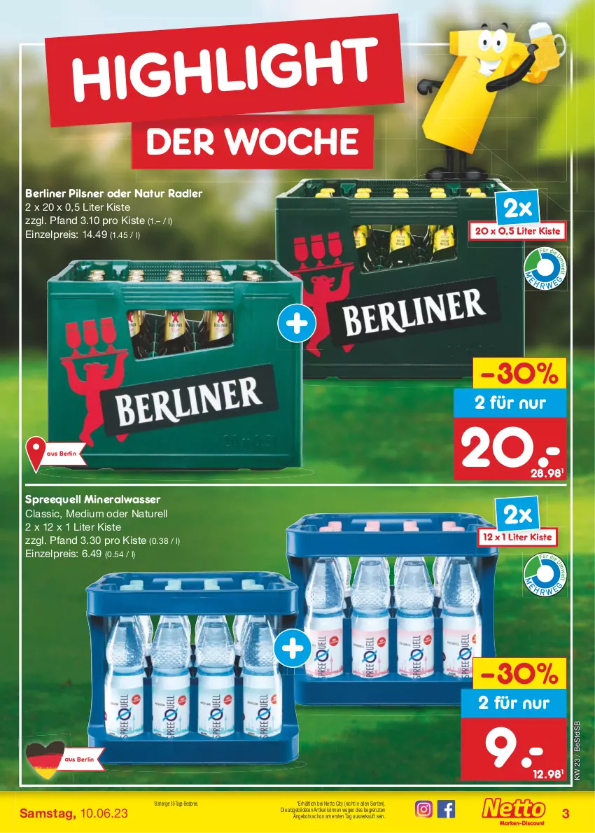 Aktueller Prospekt Netto Marken-Discount - Filial-Angebote - von 05.06 bis 10.06.2023 - strona 3 - produkty: Alwa, angebot, berliner, bestpreis, eis, mineralwasser, natur, natur radler, pils, pilsner, radler, reis, rel, Spreequell, Ti, wasser, ZTE