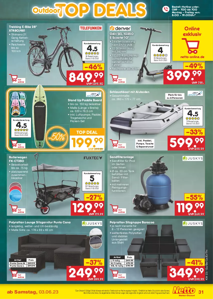 Aktueller Prospekt Netto Marken-Discount - Filial-Angebote - von 05.06 bis 10.06.2023 - strona 31 - produkty: akku, angebot, bollerwagen, Brei, E-Bike, eis, Filterbälle, garnitur, Garten, Kette, pool, Reinigung, reis, Ria, sandfilteranlage, Schal, schlauch, scooter, shimano, Sofa, Tasche, telefon, Ti, tragetasche, uhr, ZTE