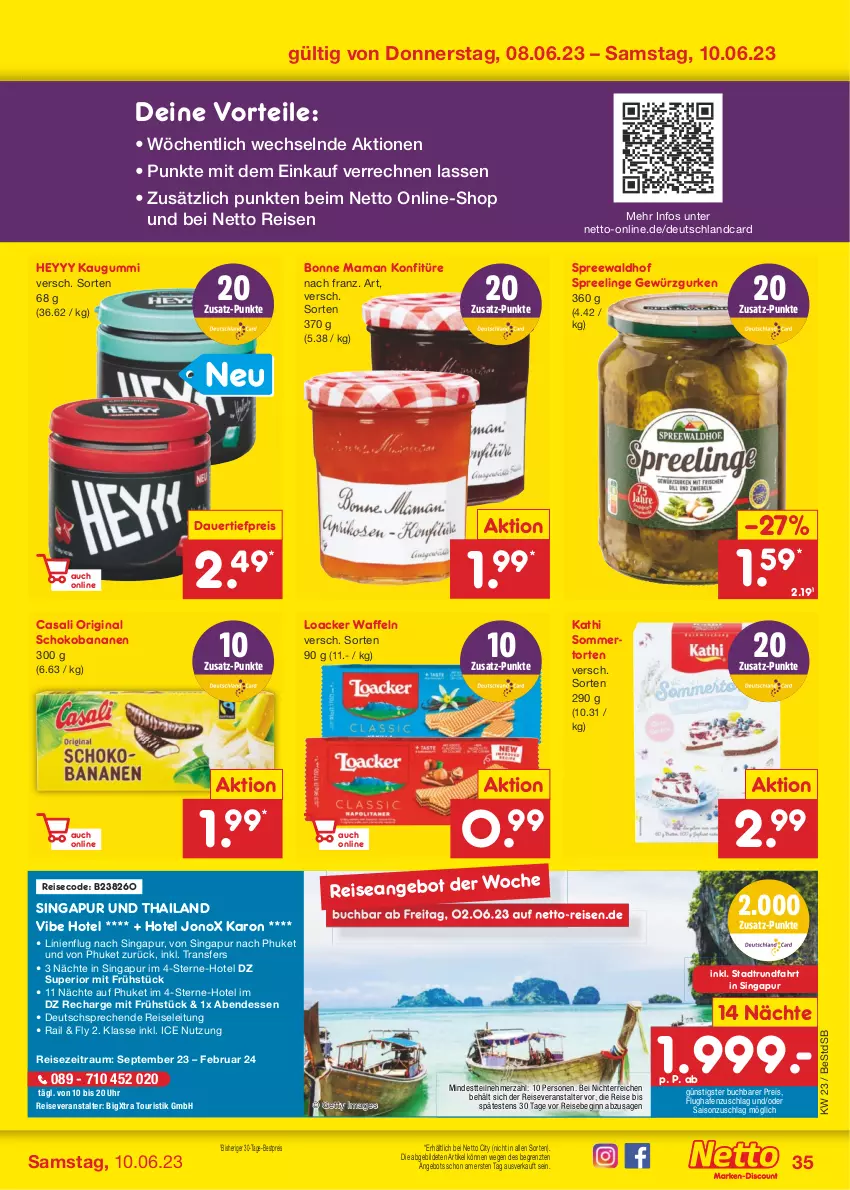 Aktueller Prospekt Netto Marken-Discount - Filial-Angebote - von 05.06 bis 10.06.2023 - strona 35 - produkty: angebot, auer, banane, bananen, bestpreis, bonne maman, buch, Casali, dauertiefpreis, deutschlandcard, eis, gewürz, Gewürzgurke, gewürzgurken, gin, gurke, gurken, kaugummi, konfitüre, mam, reis, reiseveranstalter, schoko, Schokobananen, spreewaldhof, Ti, tiefpreis, torte, uhr, waffeln, ZTE