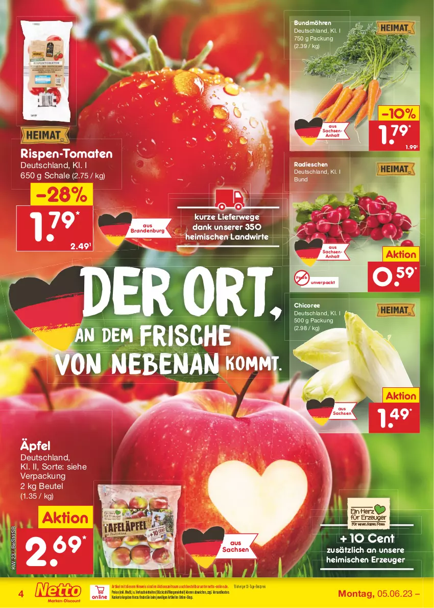 Aktueller Prospekt Netto Marken-Discount - Filial-Angebote - von 05.06 bis 10.06.2023 - strona 4 - produkty: asti, bestpreis, beutel, Bundmöhren, eis, möhren, ndk, radieschen, reis, rwe, sac, Schal, Schale, Ti, tomate, tomaten