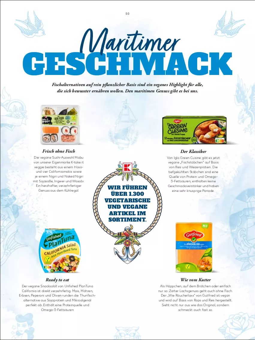 Aktueller Prospekt Kaufland - Frühjahrsausgabe von „Das gute Leben“ - von 06.03 bis 28.04.2023 - strona 50 - produkty: aus dem kühlregal, brötchen, eis, elle, erbsen, fisch, Fischalternativen, fischstäbchen, gin, gutfried, iglo, ingwer, kühlregal, lachs, LG, mab, mac, mais, möhren, nuss, olive, oliven, omega, peperoni, Peroni, regal, reis, salat, Schal, snack, snacks, soja, Soße, Sushi, thunfisch, Ti, timer, Vegeta, veggie, wasa, wolle