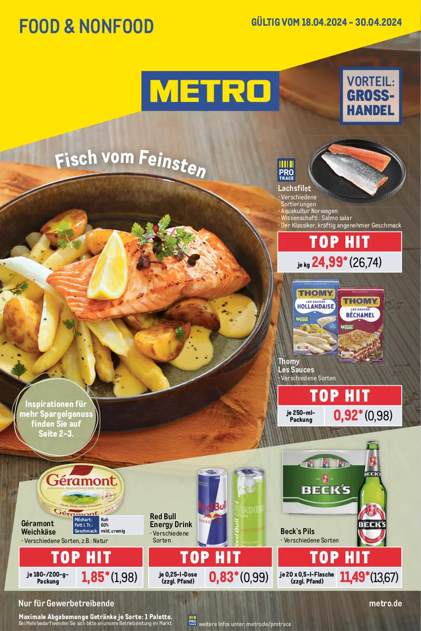 Aktueller Prospekt Metro - Food-NonFood - von 18.04 bis 30.04.2024 - strona 1 - produkty: aqua, drink, energy drink, filet, fisch, flasche, géramont, getränk, getränke, Käse, lachs, lachsfilet, LG, mac, Metro, milch, natur, nuss, Palette, pils, red bull, rwe, sauce, spargel, thomy, thomy les sauces, Ti, weichkäse