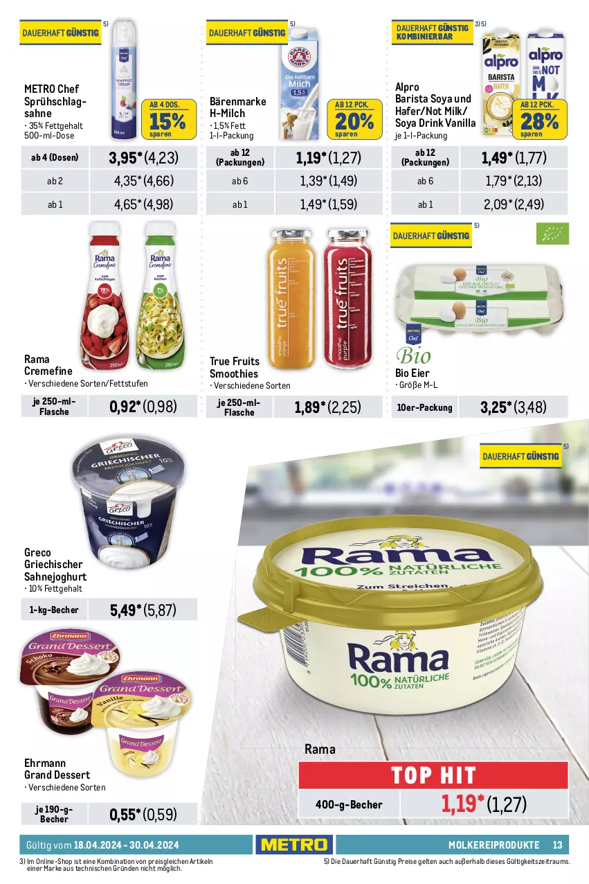 Aktueller Prospekt Metro - Food-NonFood - von 18.04 bis 30.04.2024 - strona 13 - produkty: alpro, arla, auer, babybel, bärenmarke, Becher, beutel, bio, creme, dessert, drink, ehrmann, Ehrmann Grand Dessert, eier, eis, finello, flasche, frischkäse, frischkäsezubereitung, hafer, joghur, joghurt, Käse, käsescheiben, leerdammer, mac, Metro, milch, mini babybel, molkereiprodukte, mozzarella, natur, nuss, parmigiano, parmigiano reggiano, philadelphia, rama, rama cremefine, reggiano, Reibekäse, reis, rel, sahne, Sahnejoghurt, salakis, schlagsahne, schnittkäse, schnittkäsescheiben, smoothie, smoothies, soya, Ti, tisch, true fruits, weichkäse