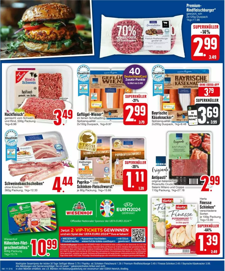 Aktueller Prospekt Edeka - Prospekte - von 11.03 bis 16.03.2024 - strona 16 - produkty: antipasti, asti, Bau, burger, deutschlandcard, eis, elle, filet, finesse, fleisch, fleischwurst, gin, hackfleisch, herta, herta finesse, Käse, knacker, LG, paprika, rind, salami, schinken, schwein, schweine, Schweinebauch, spitzenqualität, Ti, wein, weine, wurst