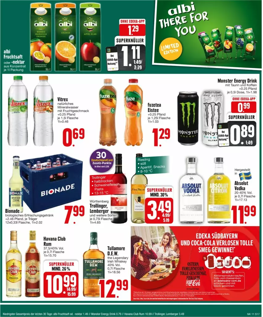 Aktueller Prospekt Edeka - Prospekte - von 11.03 bis 16.03.2024 - strona 17 - produkty: Absolut Vodka, Alwa, Berger, bio, bionade, drink, eis, eistee, energy drink, erfrischungsgetränk, flasche, frucht, fuzetea, getränk, Havana Club, irish whiskey, mac, mineralwasser, mit frucht, monster, Monster Energy, rum, tee, trolli, trollinger, tullamore, vitrex, vodka, wasser, whiskey