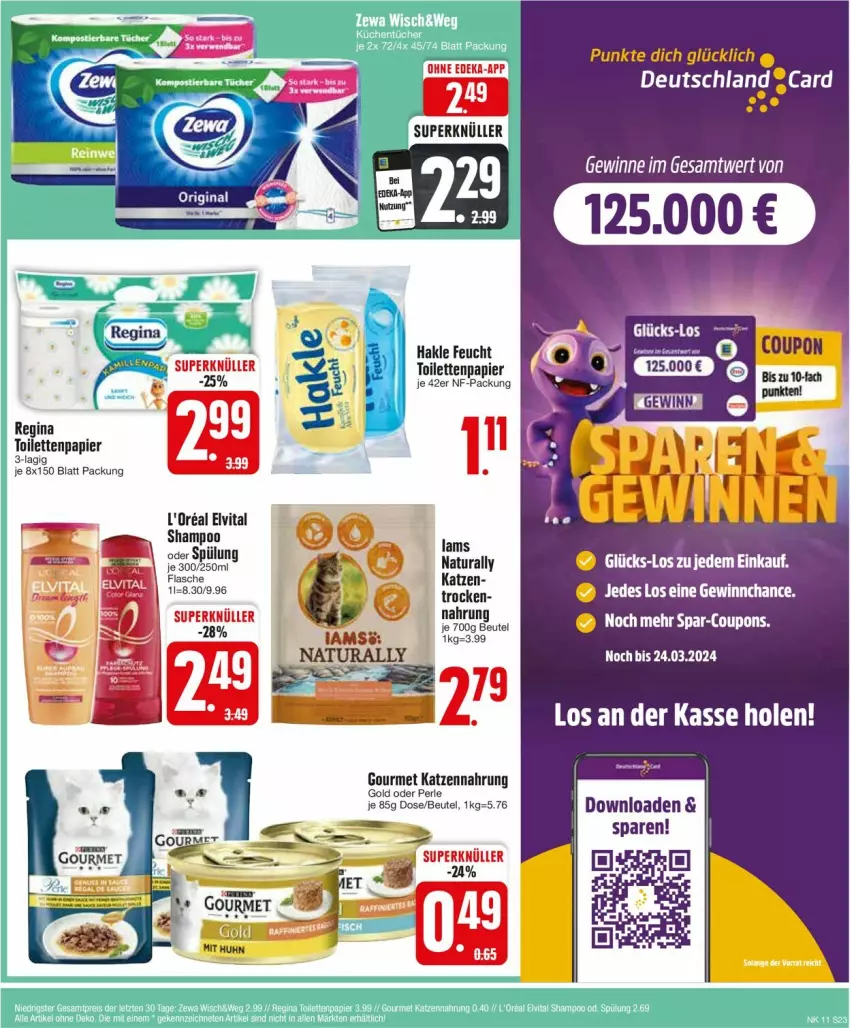 Aktueller Prospekt Edeka - Prospekte - von 11.03 bis 16.03.2024 - strona 23 - produkty: beutel, coupon, coupons, deutschland card, elvital, flasche, gin, hakle, katzennahrung, l'oreal, papier, tee, toilettenpapier, vita, ZTE