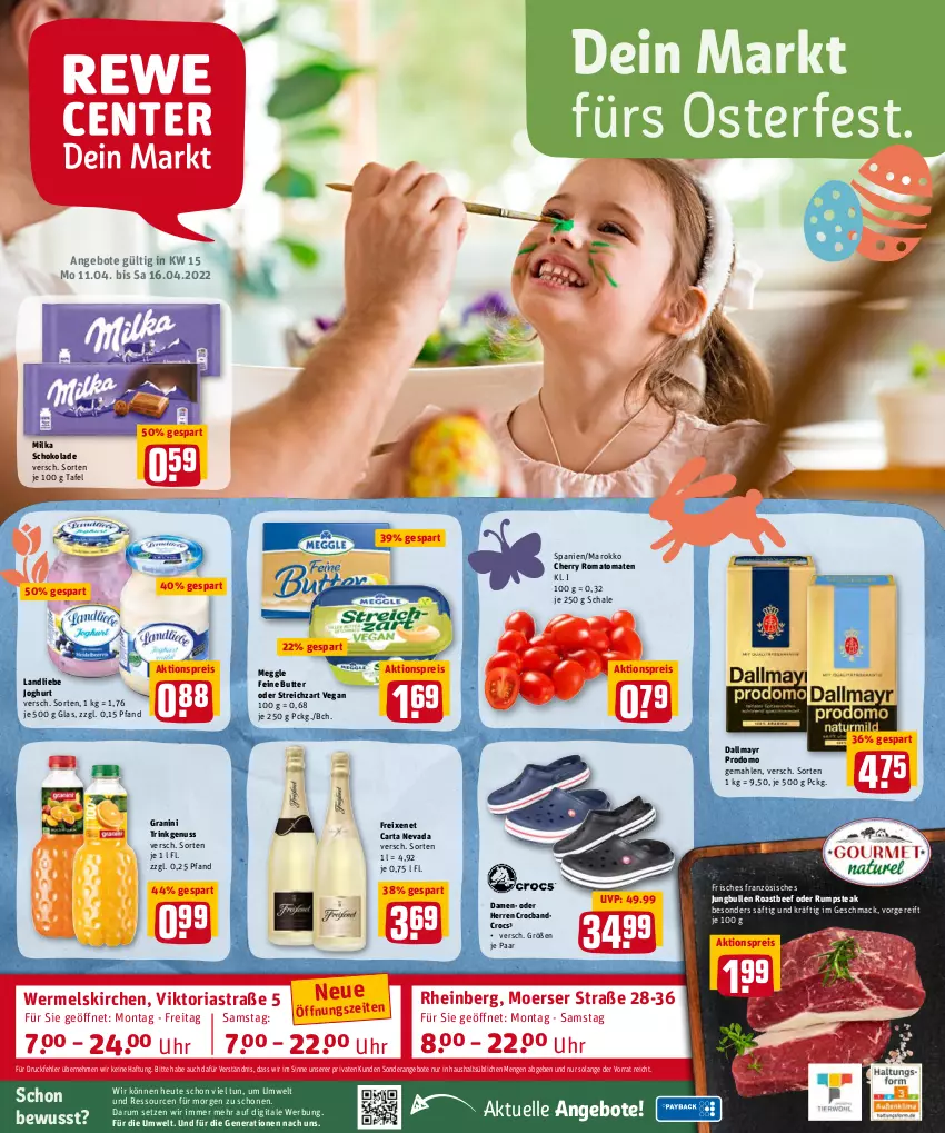 Aktueller Prospekt Rewe - Prospekte - von 11.04 bis 16.04.2022 - strona 1 - produkty: aktionspreis, angebot, angebote, Astra, beef, butter, dallmayr, dallmayr prodomo, eis, elle, freixenet, granini, Heu, joghur, joghurt, jungbullen, landliebe, landliebe joghurt, mac, meggle, milka, milka schokolade, nuss, oder rumpsteak, prodomo, reis, Ria, roastbeef, Romatomaten, rum, rumpsteak, saft, Schal, Schale, schoko, schokolade, steak, Streichzart, Ti, tomate, tomaten, uhr