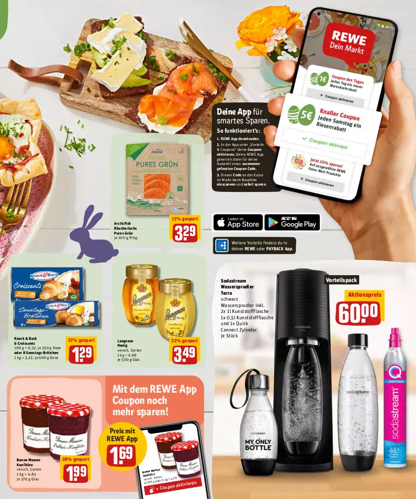 Aktueller Prospekt Rewe - Prospekte - von 11.04 bis 16.04.2022 - strona 15 - produkty: aktionspreis, bonne maman, brötchen, coupon, coupons, Croissant, croissants, eis, flasche, honig, konfitüre, lachs, langnese, mam, payback, Räucherlachs, reis, Soda, sodastream, Ti, wasser, wassersprudler