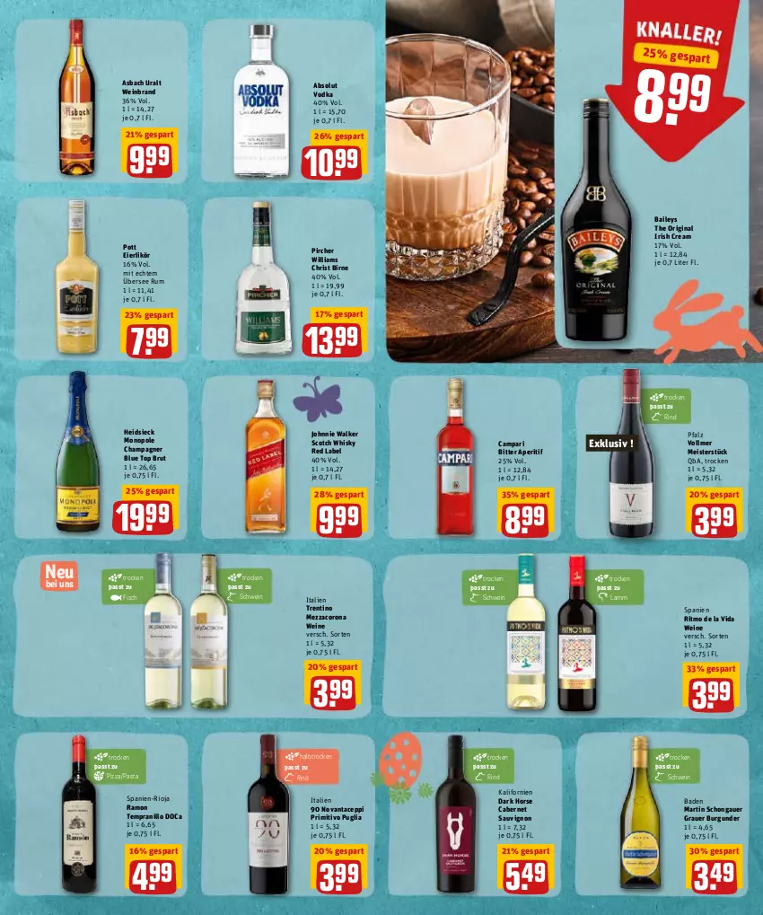 Aktueller Prospekt Rewe - Prospekte - von 11.04 bis 16.04.2022 - strona 19 - produkty: Absolut Vodka, aperitif, asbach uralt, auer, Bad, baileys, brut, burgunder, cabernet, cabernet sauvignon, campari, champagne, champagner, corona, eier, eierlikör, eis, fisch, gin, grauer burgunder, irish cream, johnnie walker, lamm, likör, Meister, mezzacorona, pasta, pircher, pizza, primitivo, rind, rioja, rum, sauvignon, schwein, scotch, scotch whisky, tempranillo, Ti, vodka, wein, weinbrand, weine, whisky