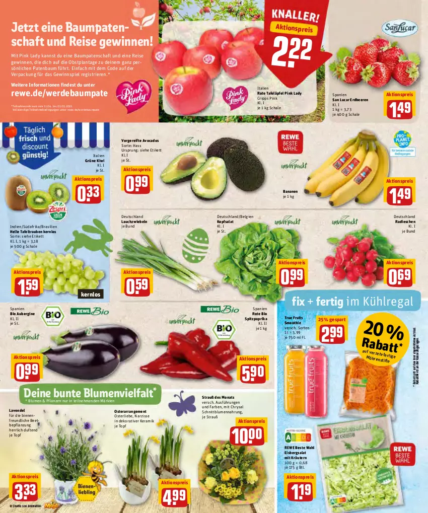 Aktueller Prospekt Rewe - Prospekte - von 11.04 bis 16.04.2022 - strona 2 - produkty: aktionspreis, aubergine, avocado, avocados, banane, bananen, Bau, beere, beeren, bio, blume, blumen, eis, eisbergsalat, elle, erdbeere, erdbeeren, erde, gewinnspiel, gin, kiwi, kopfsalat, kräuter, kräutern, kühlregal, Lauchzwiebel, lauchzwiebeln, lavendel, LG, möhren, obst, paprika, pflanze, pflanzen, Pink Lady, radieschen, regal, reis, rewe beste wahl, rote tafeläpfel, salat, Schal, Schale, smoothie, Spitzpaprika, stifte, tafeläpfel, tafeltrauben, Ti, topf, trauben, true fruits, zwiebel, zwiebeln