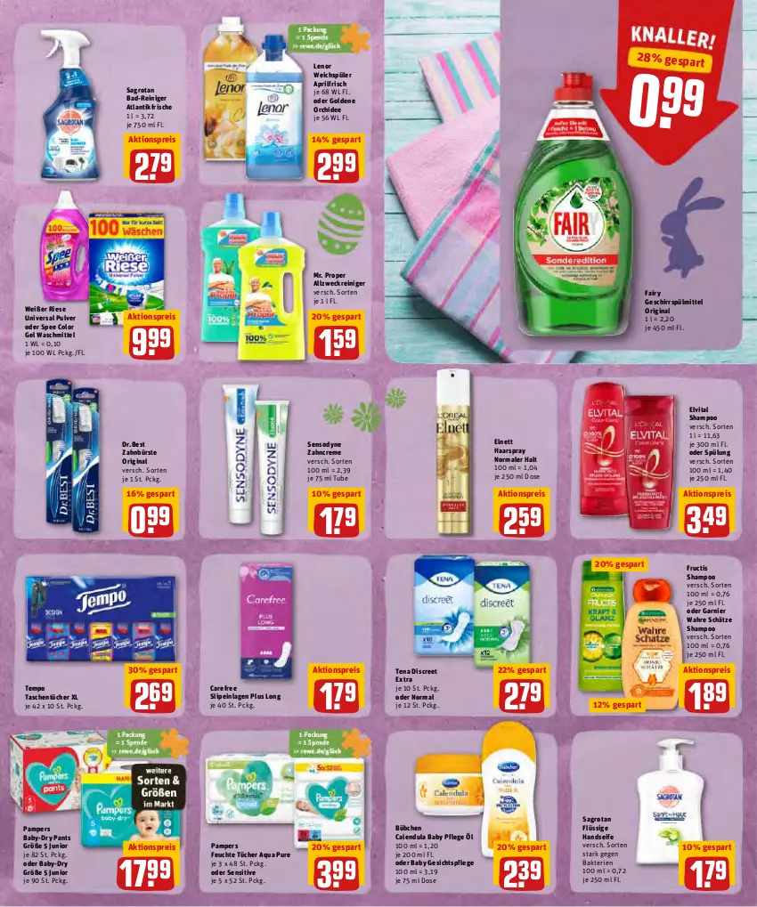 Aktueller Prospekt Rewe - Prospekte - von 11.04 bis 16.04.2022 - strona 21 - produkty: aktionspreis, allzweckreiniger, aqua, baby-dry, Bad, Bad-Reiniger, bübchen, bürste, Calendula, carefree, creme, Discreet, eis, elnett, elvital, fairy, feuchte tücher, fructis, garnier, geschirr, geschirrspülmittel, gesichtspflege, gin, haarspray, Handseife, lenor, lenor weichspüler, orchidee, pampers, Pants, pril, reiniger, reis, sagrotan, Seife, sensodyne, shampoo, slip, slipeinlagen, spee, spülmittel, spülung, Tasche, taschen, taschentücher, Tempo, Ti, tücher, universal pulver, vita, Wahre Schätze, waschmittel, weck, weichspüler, zahnbürste, zahncreme