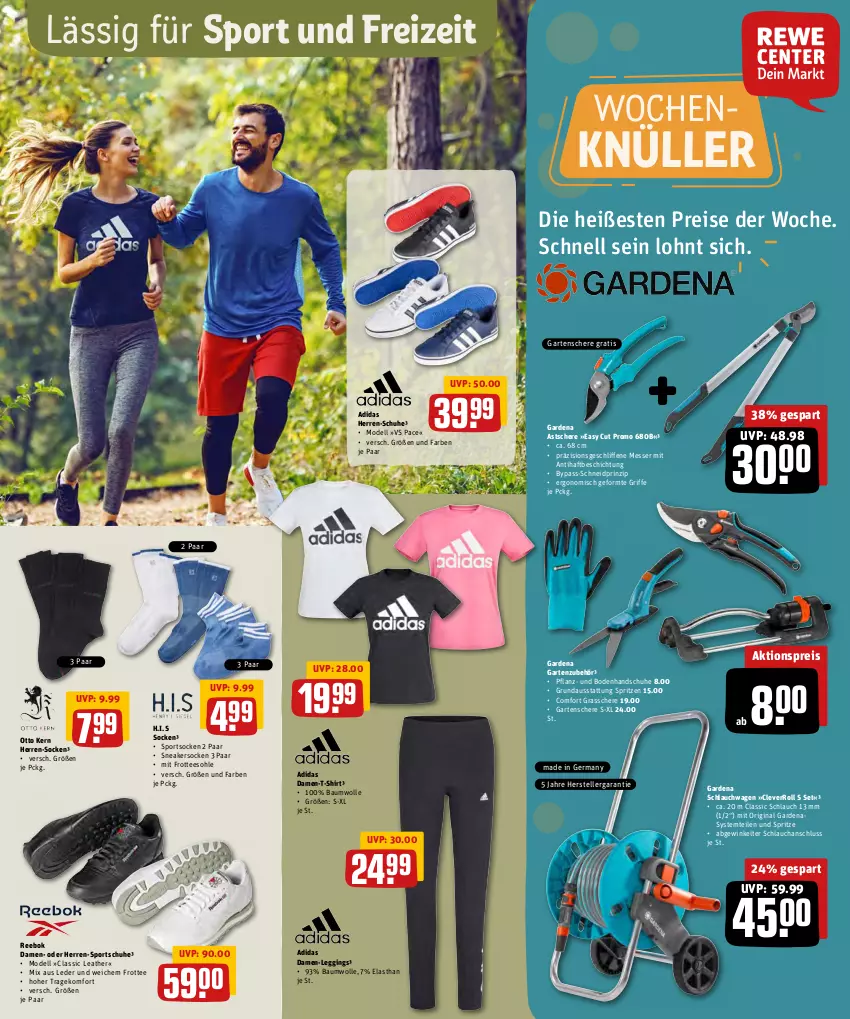 Aktueller Prospekt Rewe - Prospekte - von 11.04 bis 16.04.2022 - strona 25 - produkty: Adidas, aktionspreis, Bau, baumwolle, dell, eis, elle, gardena, Garten, Gartenschere, Germ, gin, Grasschere, handschuhe, herren-socken, leggings, messer, mit frotteesohle, Mode, Otto kern, Reebok, reis, Schere, schlauch, schlauchwagen, schuhe, shirt, sneaker, sneakersocken, socken, Sport, sportschuhe, sportsocken, T-Shirt, tee, teller, Ti, wolle