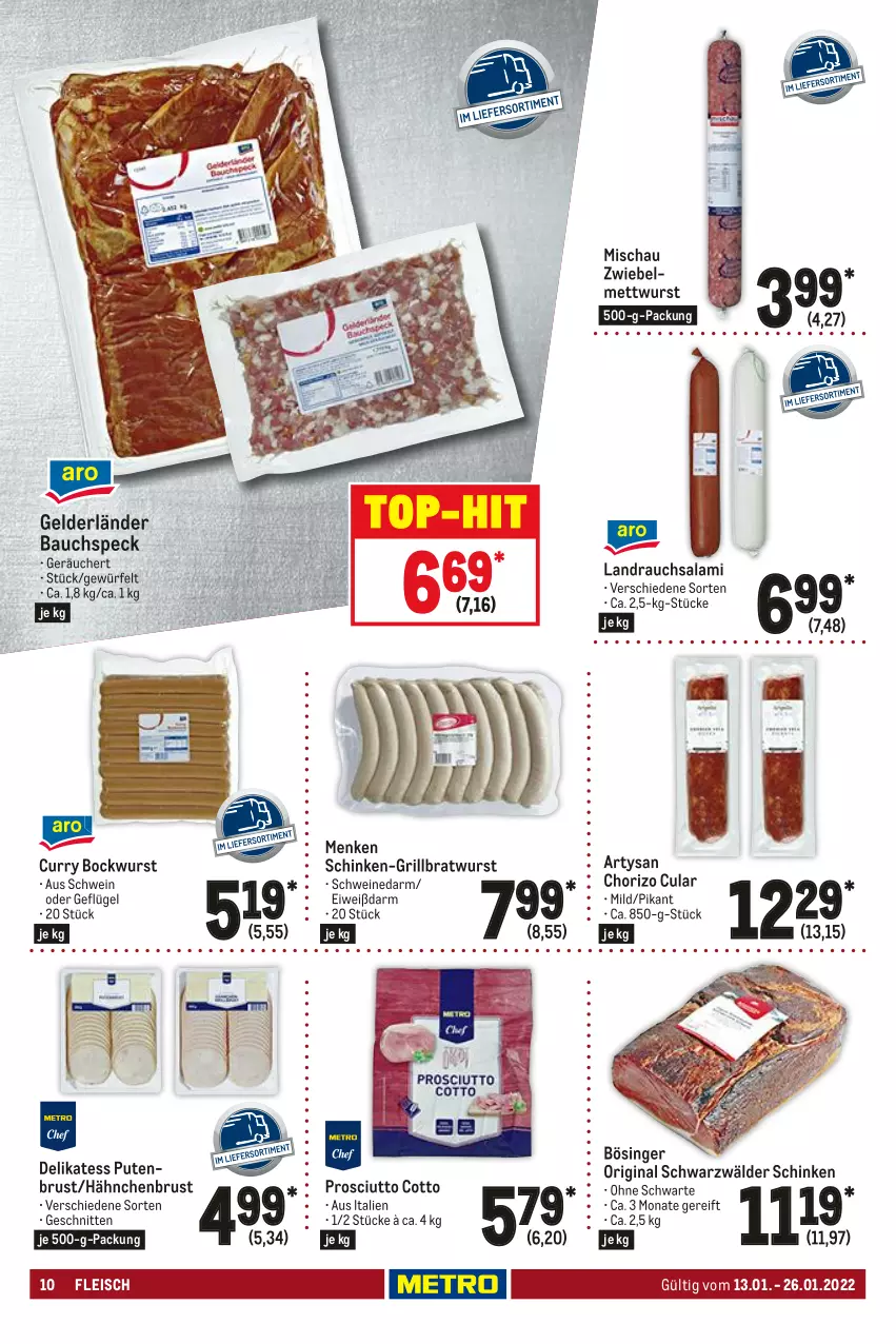 Aktueller Prospekt Metro - Gastro Journal - von 13.01 bis 26.01.2022 - strona 10 - produkty: Bau, bockwurst, bratwurst, chorizo, curry, eis, fleisch, Geflügel, gin, grill, grillbratwurst, hähnchenbrust, Mett, mettwurst, prosciutto, prosciutto cotto, pute, putenbrust, Rauch, salami, schinken, schnitten, schwarzwälder schinken, schwein, schweine, Speck, Ti, top-hit, wein, weine, würfel, wurst, zwiebel, zwiebelmettwurst