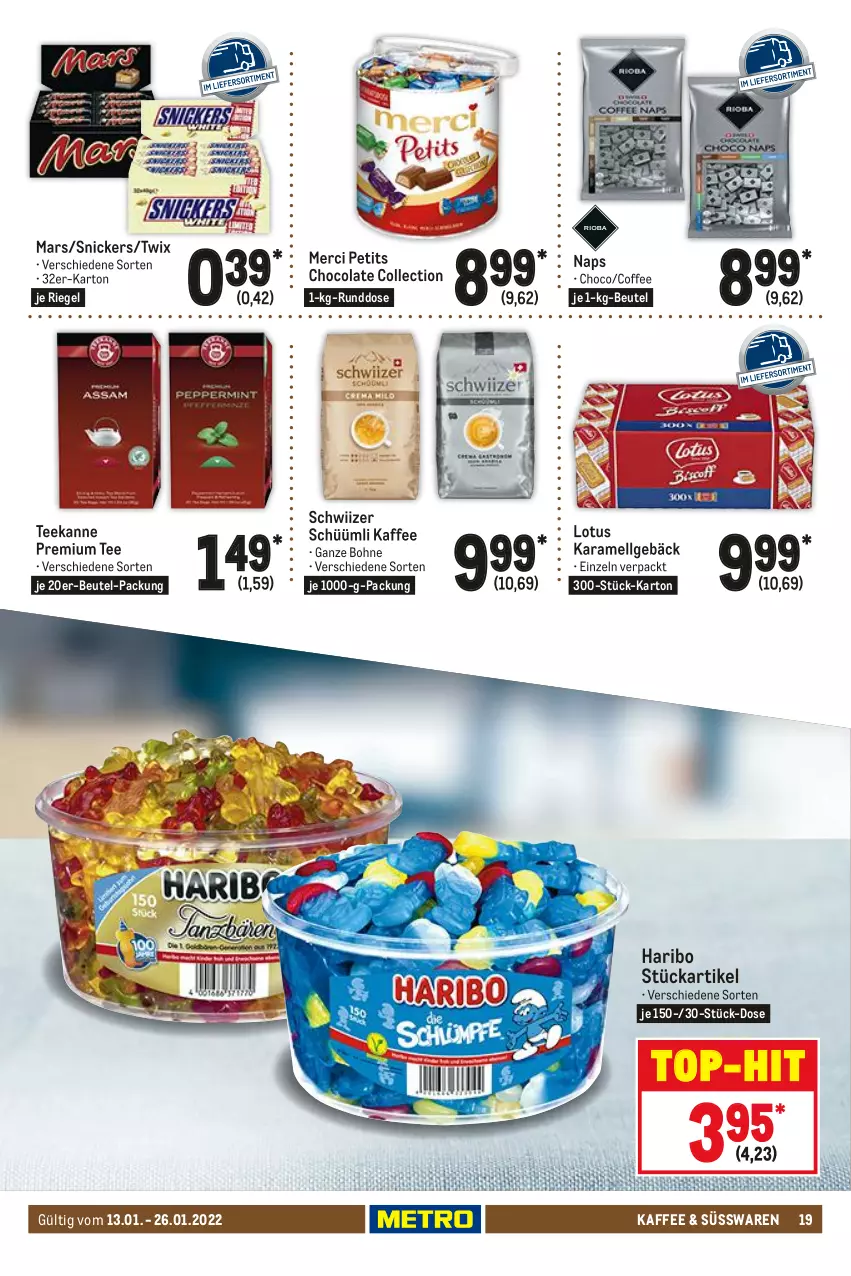 Aktueller Prospekt Metro - Gastro Journal - von 13.01 bis 26.01.2022 - strona 19 - produkty: beutel, bohne, cola, haribo, kaffee, karamell, LG, mars, merci, riegel, snickers, süsswaren, tee, teekanne, Ti, top-hit, twix