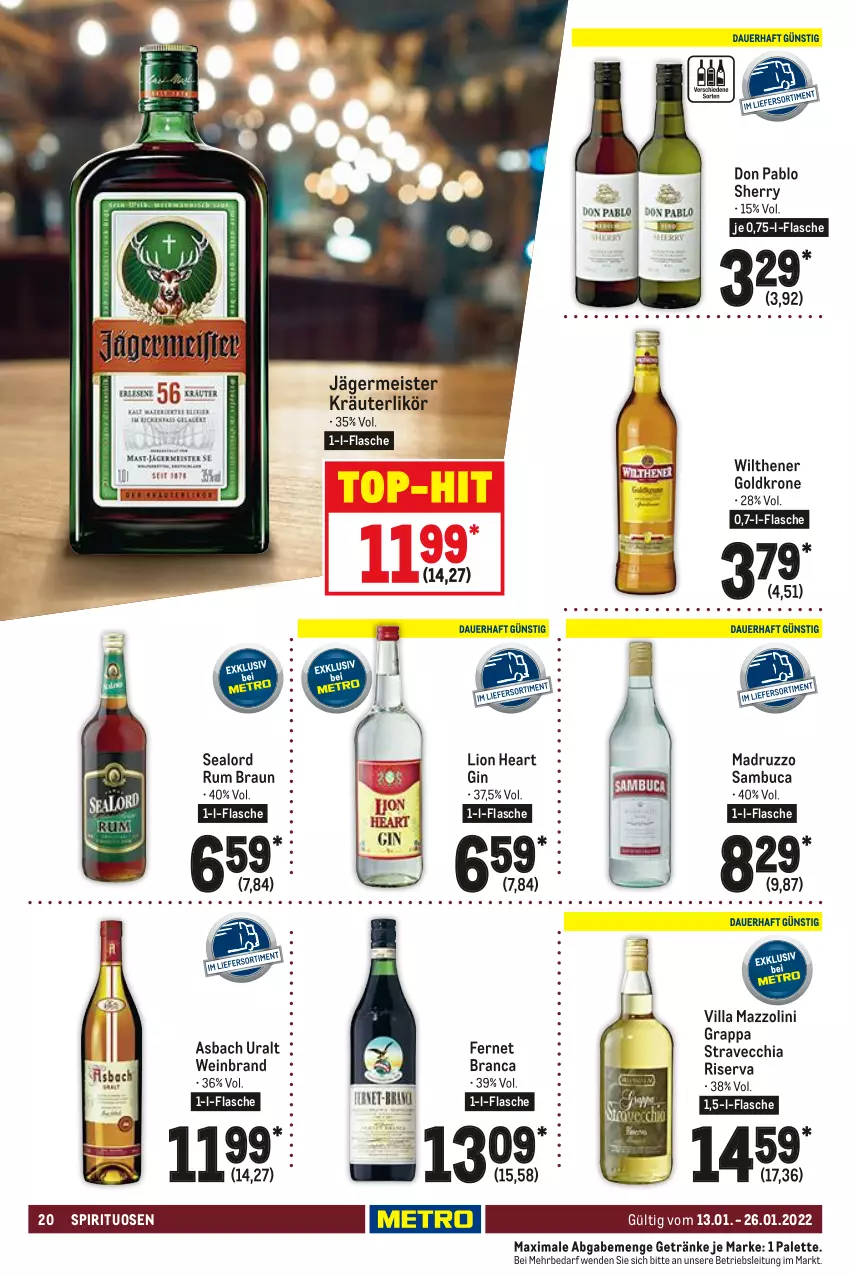 Aktueller Prospekt Metro - Gastro Journal - von 13.01 bis 26.01.2022 - strona 20 - produkty: asbach uralt, braun, chia, eis, Fernet, fernet branca, flasche, Germ, getränk, getränke, gin, goldkrone, grappa, jägermeister, kräuter, kräuterlikör, krone, likör, lion, Meister, Palette, riserva, rum, sambuca, spirituosen, Ti, top-hit, wein, weinbrand, wilthener, Wilthener Goldkrone