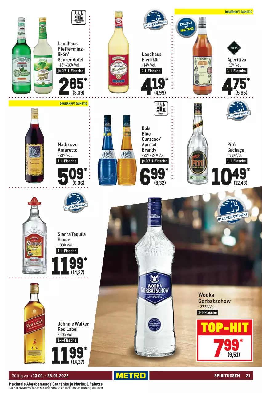 Aktueller Prospekt Metro - Gastro Journal - von 13.01 bis 26.01.2022 - strona 21 - produkty: Amaretto, apfel, cachaça, eier, eierlikör, flasche, getränk, getränke, Gorbatschow, johnnie walker, likör, Palette, pfeffer, pfefferminzlikör, Sierra, sierra tequila, spirituosen, tequila, Ti, top-hit, wodka