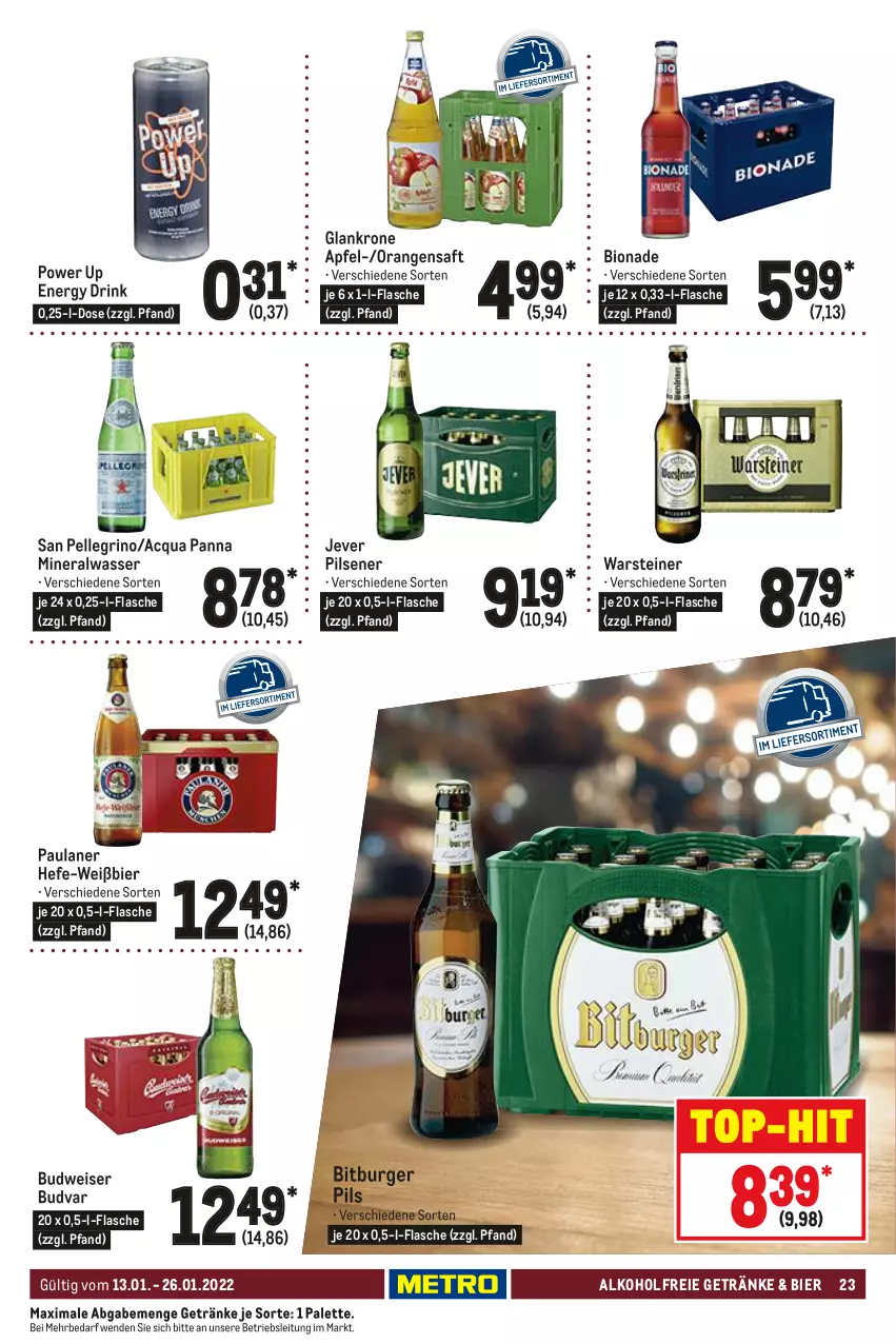 Aktueller Prospekt Metro - Gastro Journal - von 13.01 bis 26.01.2022 - strona 23 - produkty: alkohol, alkoholfreie getränke, Alwa, apfel, bier, bio, bionade, bitburger, bitburger pils, budweiser, burger, drink, eis, elle, energy drink, flasche, getränk, getränke, Hefe, jever, jever pilsener, krone, mineralwasser, orange, orangen, orangensaft, Palette, Paula, paulaner, pils, pilsener, saft, san pellegrino, steiner, Ti, top-hit, warsteiner, wasser