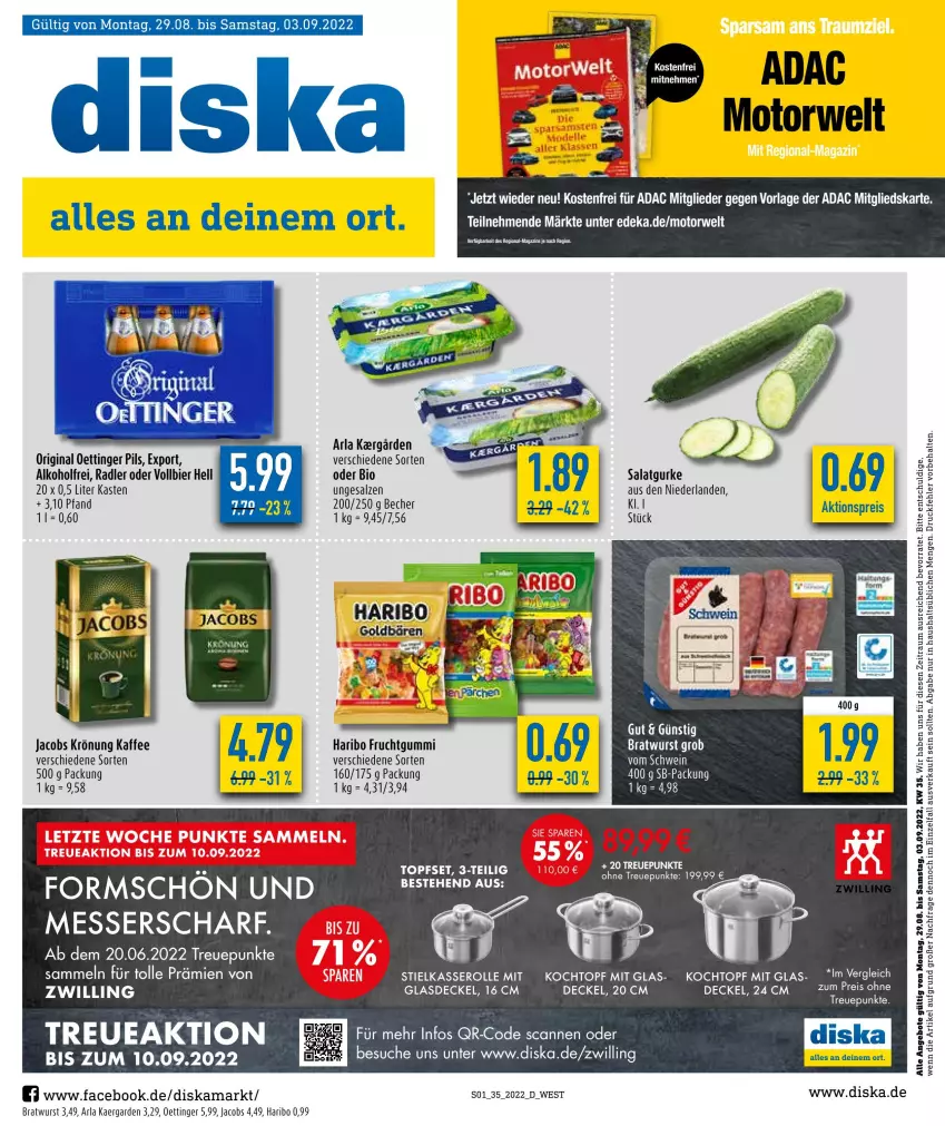 Aktueller Prospekt Diska - Prospekte - von 29.08 bis 03.09.2022 - strona 1 - produkty: aktionspreis, alkohol, angebot, angebote, arla, Becher, bier, bio, bratwurst, decke, Deckel, eis, frucht, fruchtgummi, gin, Glasdeckel, gurke, haribo, jacobs, jacobs krönung, kaffee, Kochtopf, magazin, messer, oettinger, pils, radler, reis, rwe, salat, Salatgurke, salz, schwein, stielkasserolle, Ti, topf, wein, wurst