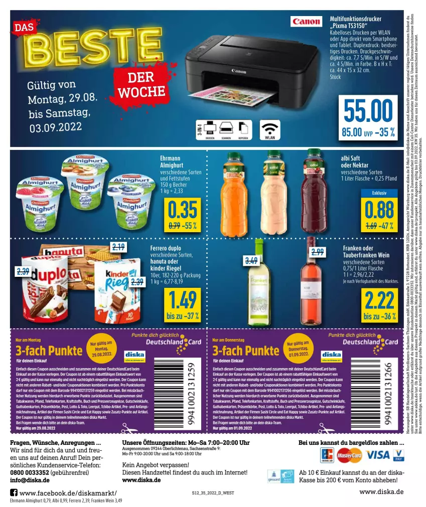 Aktueller Prospekt Diska - Prospekte - von 29.08 bis 03.09.2022 - strona 12 - produkty: aeg, almighur, almighurt, angebot, angebote, Astra, coupon, deka, drucker, duplo, ehrmann, ehrmann almighurt, eier, eis, ente, erde, ferrero, flasche, guthabenkarte, hanuta, Kinder, kinder riegel, multifunktionsdrucker, nero, riegel, ring, sac, Tchibo, tee, telefon, Ti, uhr, wein