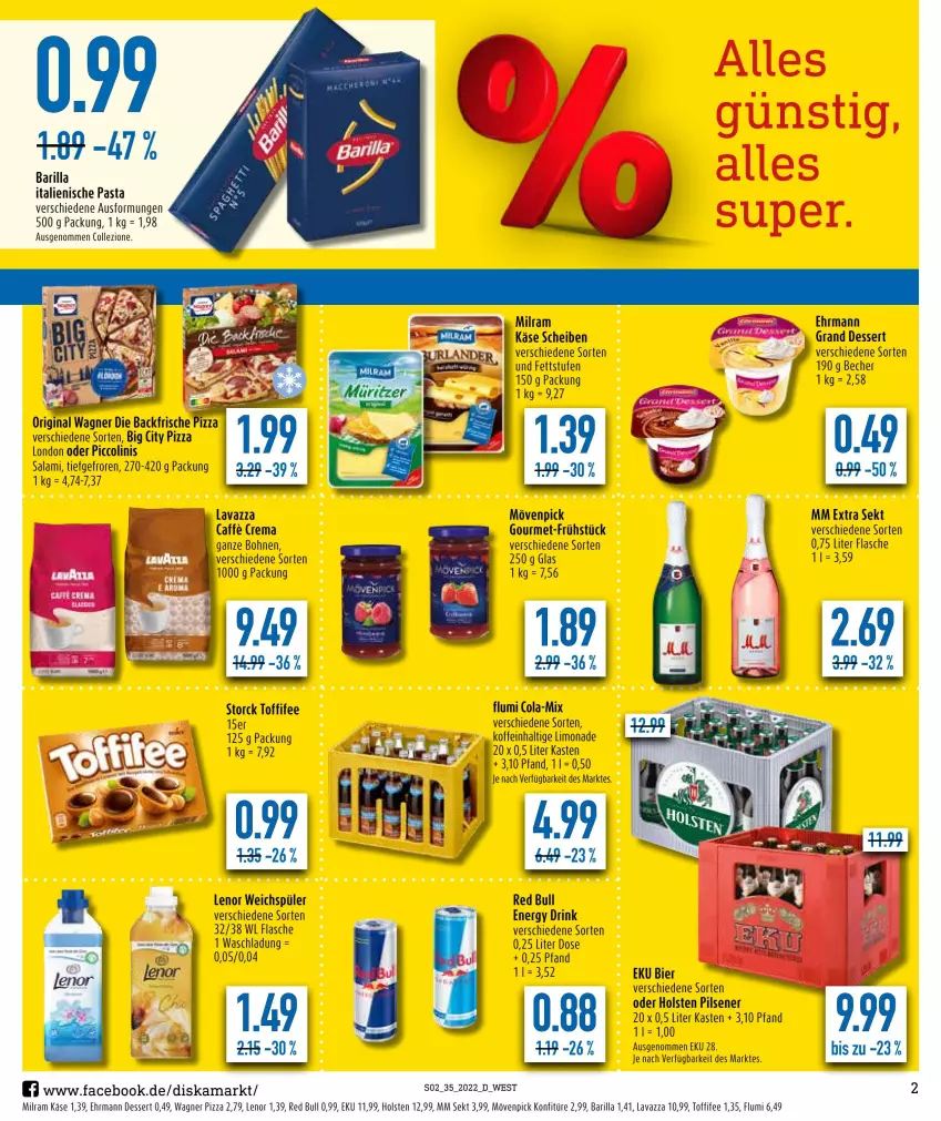 Aktueller Prospekt Diska - Prospekte - von 29.08 bis 03.09.2022 - strona 2 - produkty: barilla, Becher, bier, bohne, bohnen, caffe, cola, dessert, drink, ehrmann, Ehrmann Grand Dessert, energy drink, flasche, gin, holsten, holsten pilsener, italienische pasta, Käse, konfitüre, lavazza, lenor, lenor weichspüler, limo, limonade, milram, mm extra, mövenpick, oder piccolinis, original wagner, pasta, piccolinis, pils, pilsener, pizza, red bull, salami, sekt, storck, Ti, toffifee, wagner, weichspüler