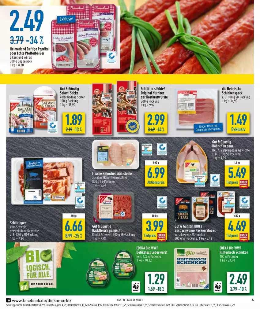 Aktueller Prospekt Diska - Prospekte - von 29.08 bis 03.09.2022 - strona 4 - produkty: bio, deka, edeka bio, eis, fleisch, Frische Hähnchen, gin, hackfleisch, Hähnchensteak, hähnchensteaks, leberwurst, malz, marinade, natur, paprika, reis, salami, schinken, schinkenspeck, schwein, schweine, Speck, steak, steaks, Ti, tiefpreis, wein, weine, wurst