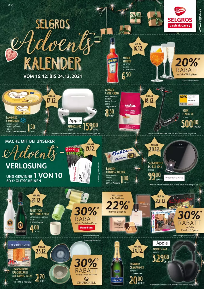 Aktueller Prospekt Selgros - Vorschau:
            Adventskalender - von 16.12 bis 31.12.2021 - strona 1 - produkty: aperitif, aperol, Apple, Becher, beutel, eis, flasche, gutschein, gutscheine, LG, mac, Pods, Puzzle, Spiele, Ti