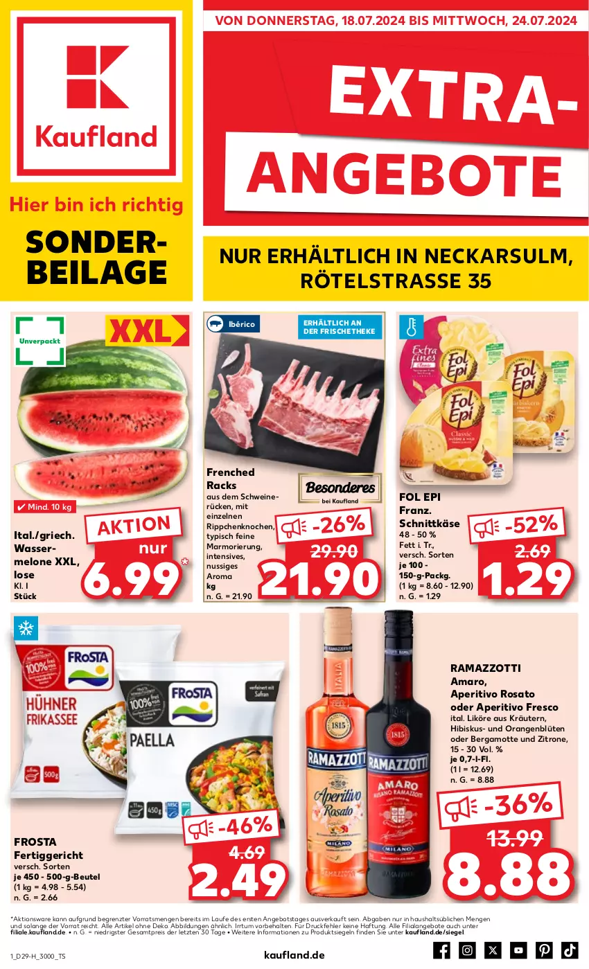 Aktueller Prospekt Kaufland - Extra-Angebote - von 18.07 bis 24.07.2024 - strona 1 - produkty: amaro, angebot, angebote, aperitivo rosato, Bergamotte, beutel, Blüte, eis, fertiggericht, fol epi, frosta, ilag, Käse, kräuter, kräutern, likör, melone, nuss, orange, orangen, rama, ramazzott, ramazzotti, reis, rosato, schnittkäse, schwein, schweine, schweinerücken, Ti, wasser, wassermelone, wein, weine, zitrone, zott, ZTE