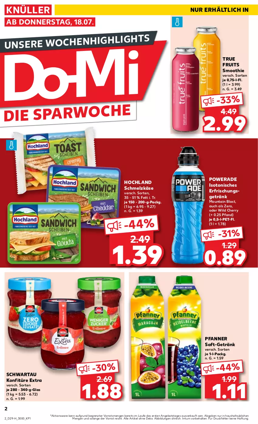 Aktueller Prospekt Kaufland - Extra-Angebote - von 18.07 bis 24.07.2024 - strona 2 - produkty: angebot, erfrischungsgetränk, getränk, hochland, Käse, konfitüre, konfitüre extra, pfanne, Pfanner, saft, Schmelzkäse, Schwartau, smoothie, Ti, true fruits, Wild, ZTE