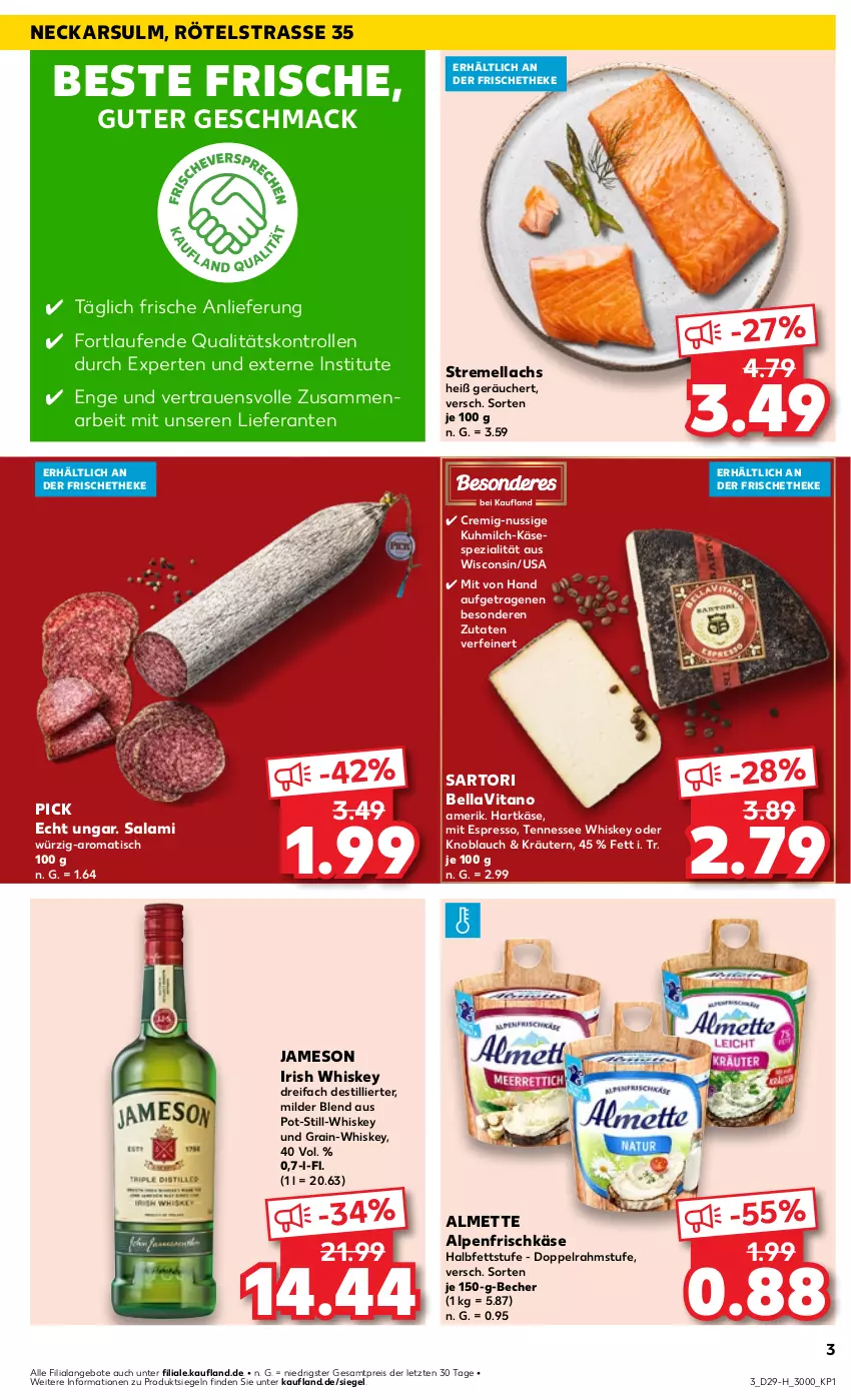 Aktueller Prospekt Kaufland - Extra-Angebote - von 18.07 bis 24.07.2024 - strona 3 - produkty: almette, alpenfrischkäse, angebot, angebote, Becher, doppelrahmstufe, eis, espresso, frischkäse, hartkäse, irish whiskey, jameson, Käse, knoblauch, kräuter, kräutern, lachs, Laufen, mac, Mett, milch, nuss, reis, salami, Spezi, tennessee whiskey, Ti, tisch, vita, whiskey, ZTE