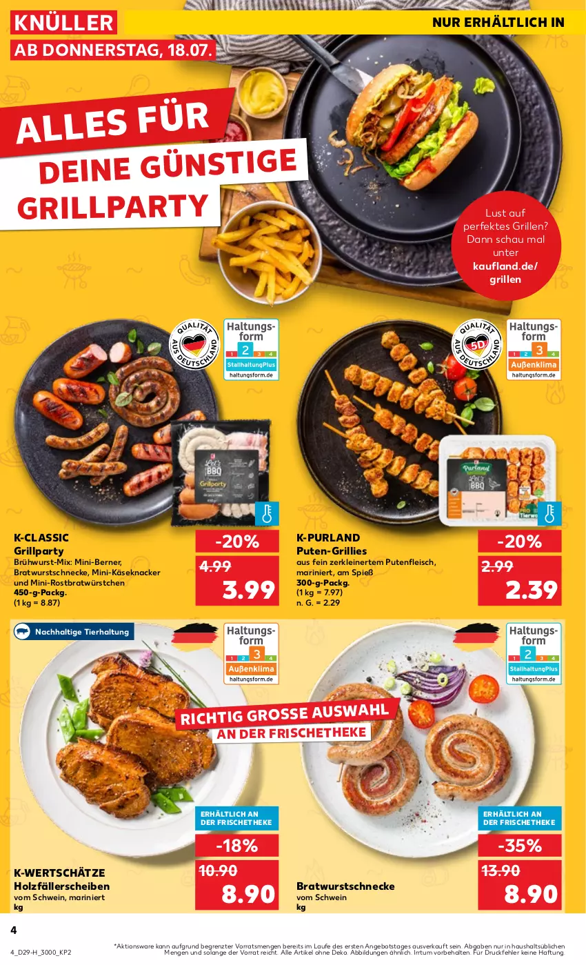 Aktueller Prospekt Kaufland - Extra-Angebote - von 18.07 bis 24.07.2024 - strona 4 - produkty: angebot, bratwurst, Brühwurst, eis, fleisch, grill, Holz, Käse, knacker, leine, purland, pute, Putenfleisch, schwein, Ti, wein, wurst, würstchen, ZTE