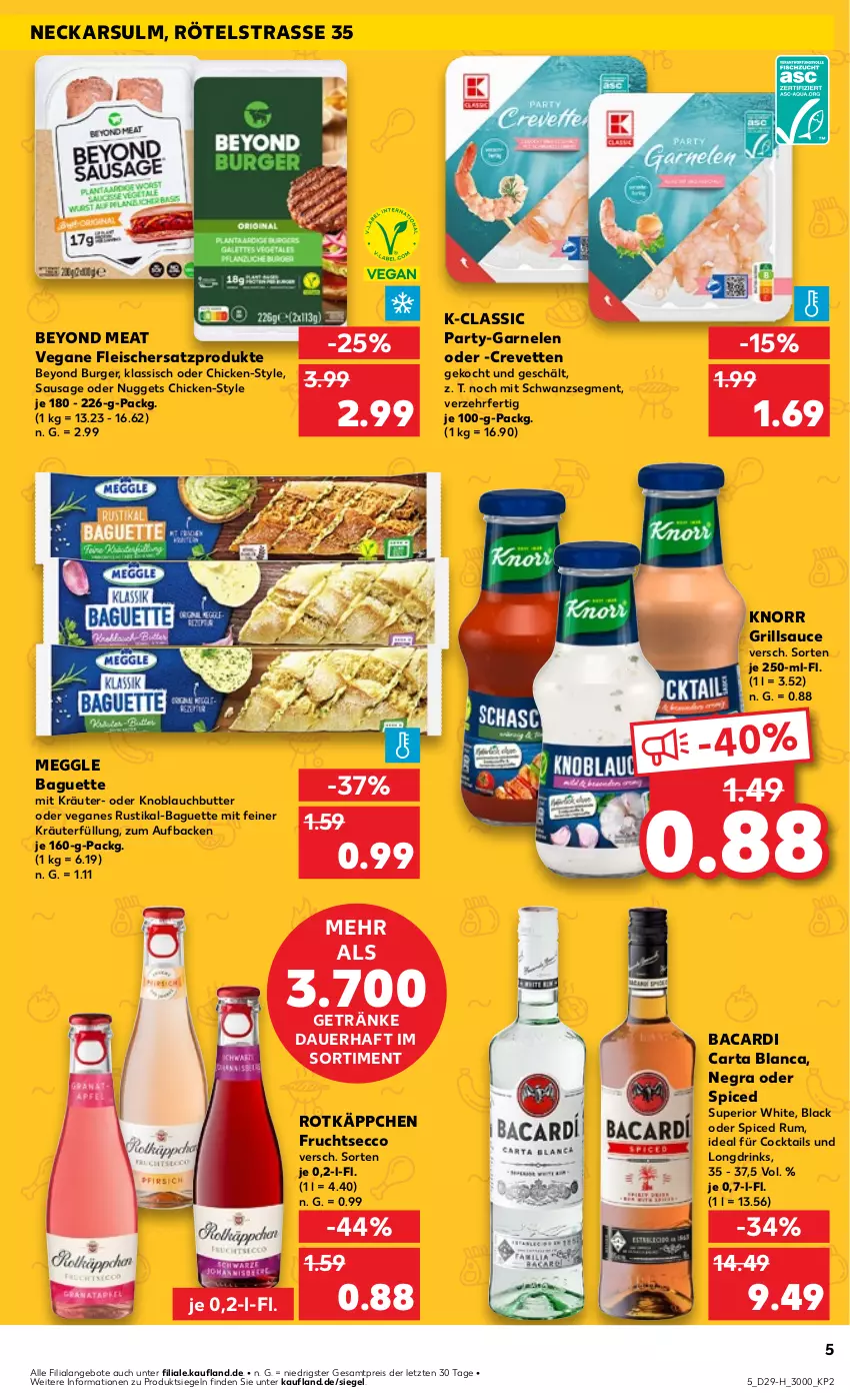 Aktueller Prospekt Kaufland - Extra-Angebote - von 18.07 bis 24.07.2024 - strona 5 - produkty: angebot, angebote, auer, bacardi, baguette, burger, butter, cocktail, cocktails, drink, drinks, ecco, eis, fleisch, frucht, fruchtsecco, garnelen, getränk, getränke, grill, grillsauce, knoblauch, Knoblauchbutter, knorr, kräuter, lack, meggle, nuggets, reis, rotkäppchen, rum, sauce, Ti, Vegane Fleisch, Yo, ZTE