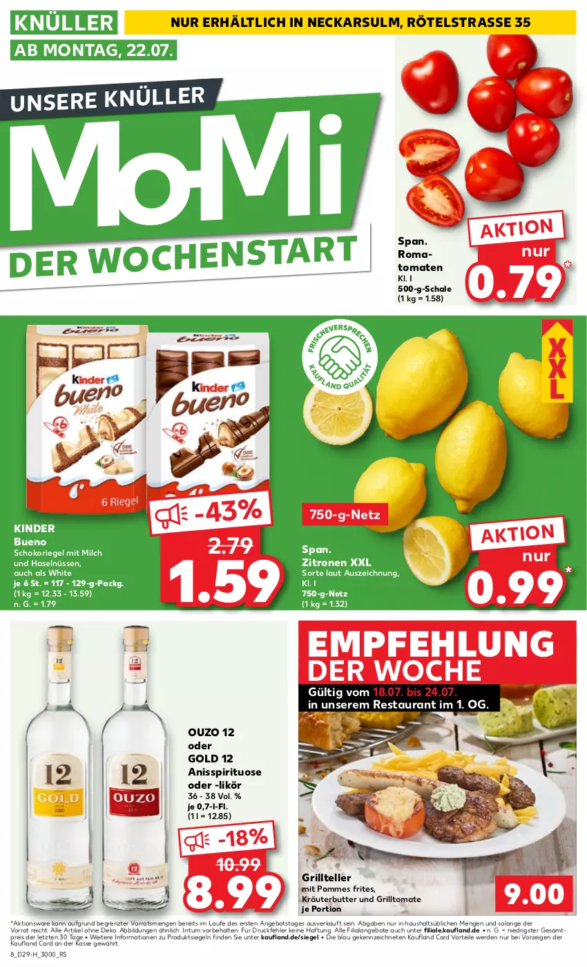 Aktueller Prospekt Kaufland - Extra-Angebote - von 18.07 bis 24.07.2024 - strona 8 - produkty: angebot, angebote, butter, eis, elle, erde, grill, Grillteller, Kinder, kinder bueno, kräuter, kräuterbutter, likör, milch, ouzo, ouzo 12, pommes, Pommes Frites, reis, riegel, Romatomaten, Schal, Schale, schoko, schokoriegel, teller, Ti, tomate, tomaten, zitrone, zitronen, ZTE