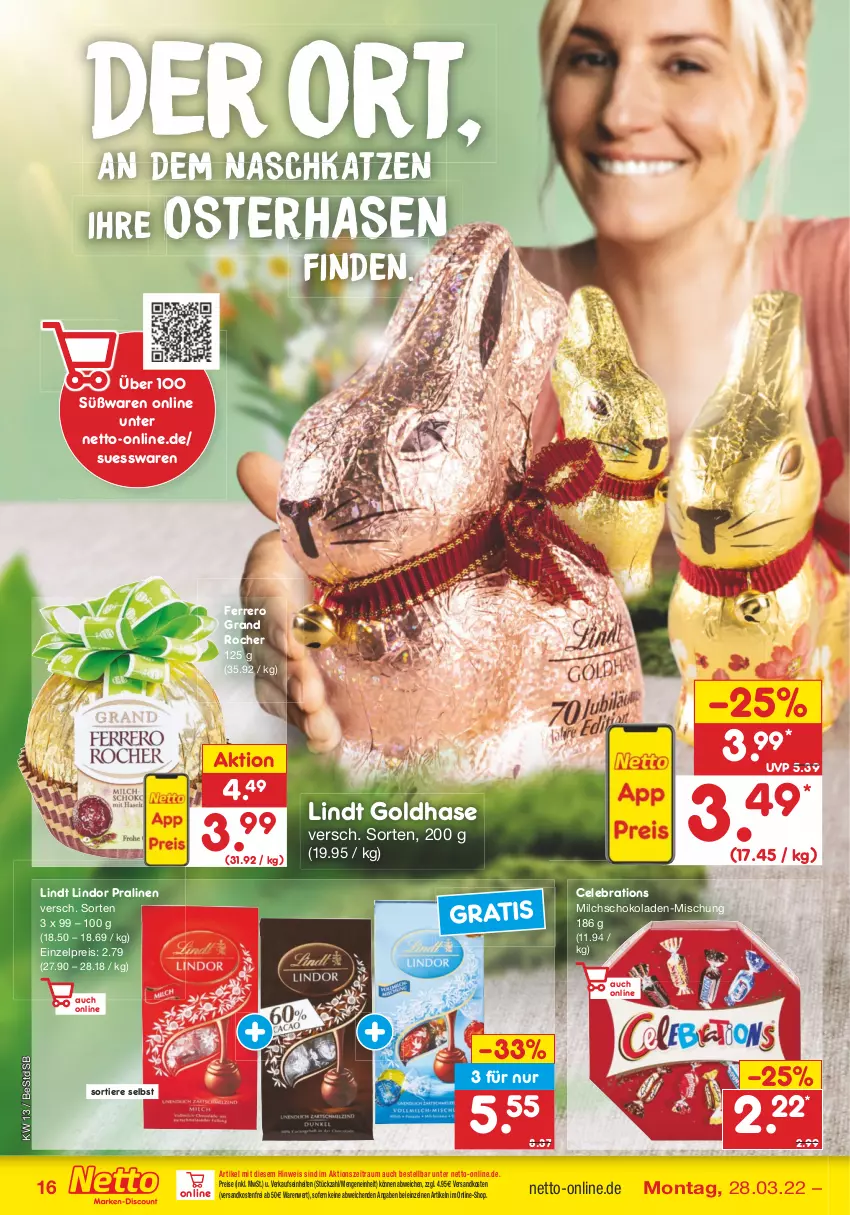 Aktueller Prospekt Netto Marken-Discount - Filial-Angebote - von 28.03 bis 02.04.2022 - strona 16 - produkty: eis, ferrero, lindor, lindt, milch, ndk, pralinen, reis, schoko, schokolade, schokoladen, Ti, Tiere, versandkostenfrei