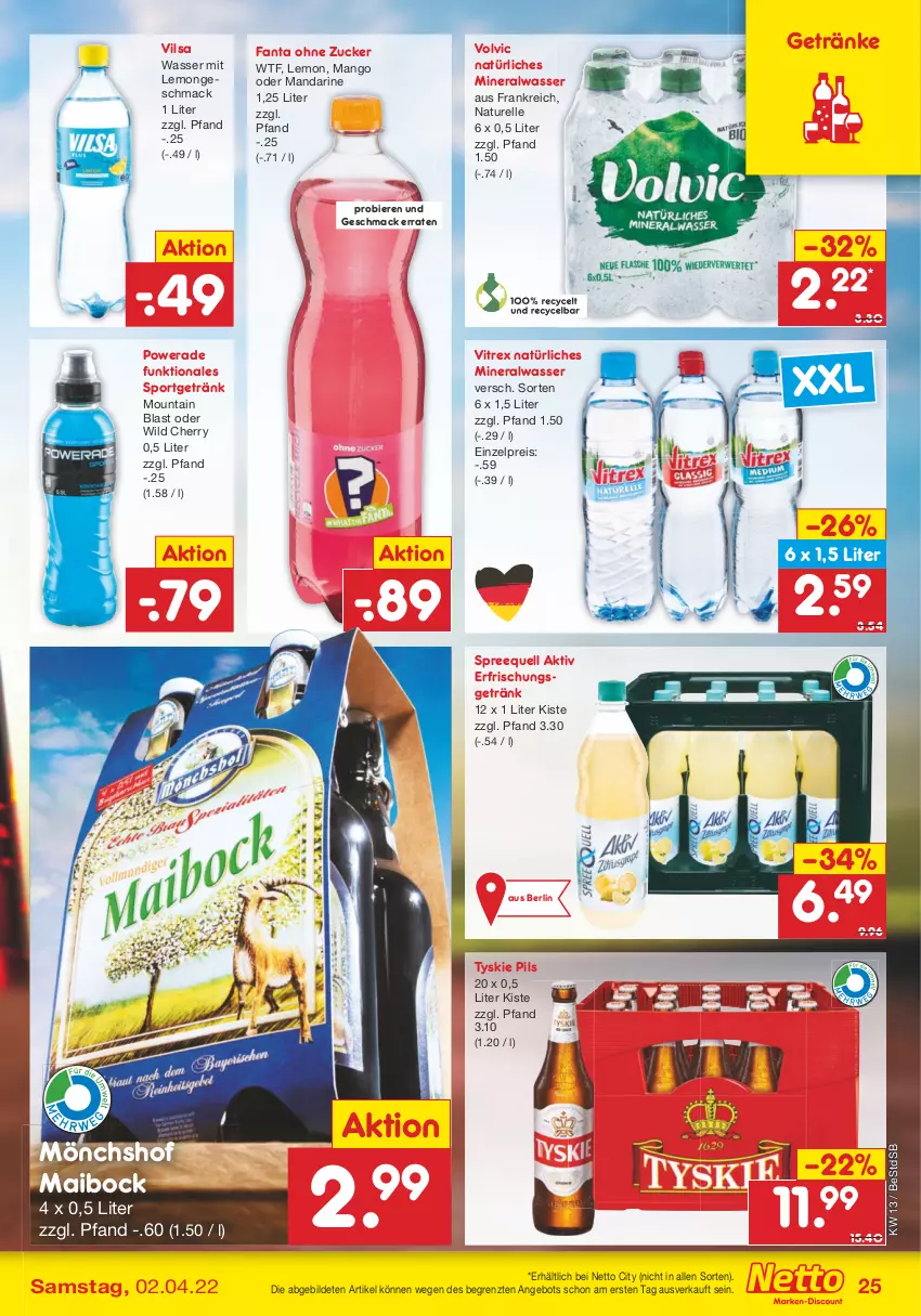 Aktueller Prospekt Netto Marken-Discount - Filial-Angebote - von 28.03 bis 02.04.2022 - strona 25 - produkty: Alwa, angebot, bier, Biere, eis, elle, erfrischungsgetränk, fanta, getränk, getränke, mac, mandarine, mango, mineralwasser, mönchshof, natur, natürliches mineralwasser, pils, reis, rel, Sport, Spreequell, Ti, tyskie, vilsa, vitrex, volvic, volvic natürliches, wasser, Wild, ZTE, zucker