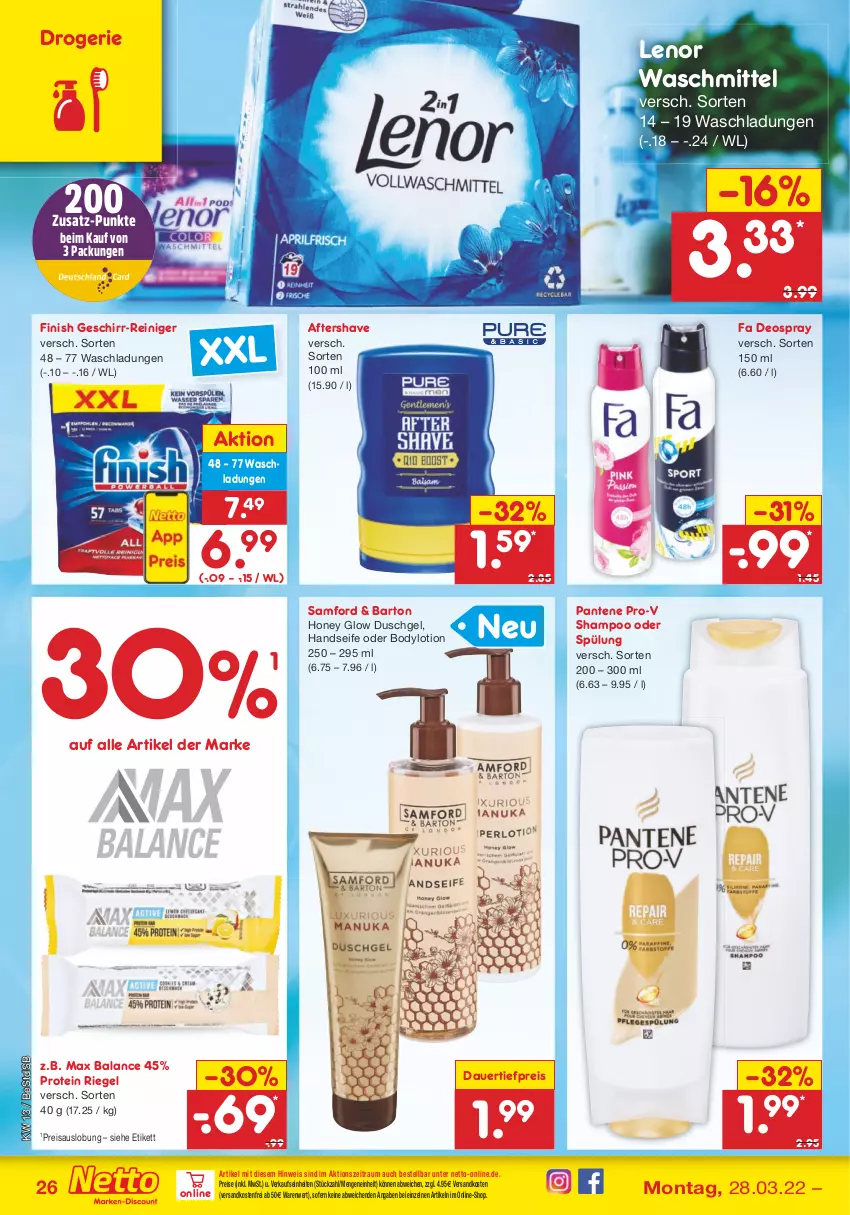 Aktueller Prospekt Netto Marken-Discount - Filial-Angebote - von 28.03 bis 02.04.2022 - strona 26 - produkty: auer, body, bodylotion, dauertiefpreis, deo, deospray, duschgel, eis, Finish, geschirr, Handseife, lenor, lenor waschmittel, Lotion, ndk, pantene, pantene pro-v, pro-v, reiniger, reis, riegel, Seife, shampoo, shampoo oder spülung, spülung, Ti, tiefpreis, versandkostenfrei, waschmittel