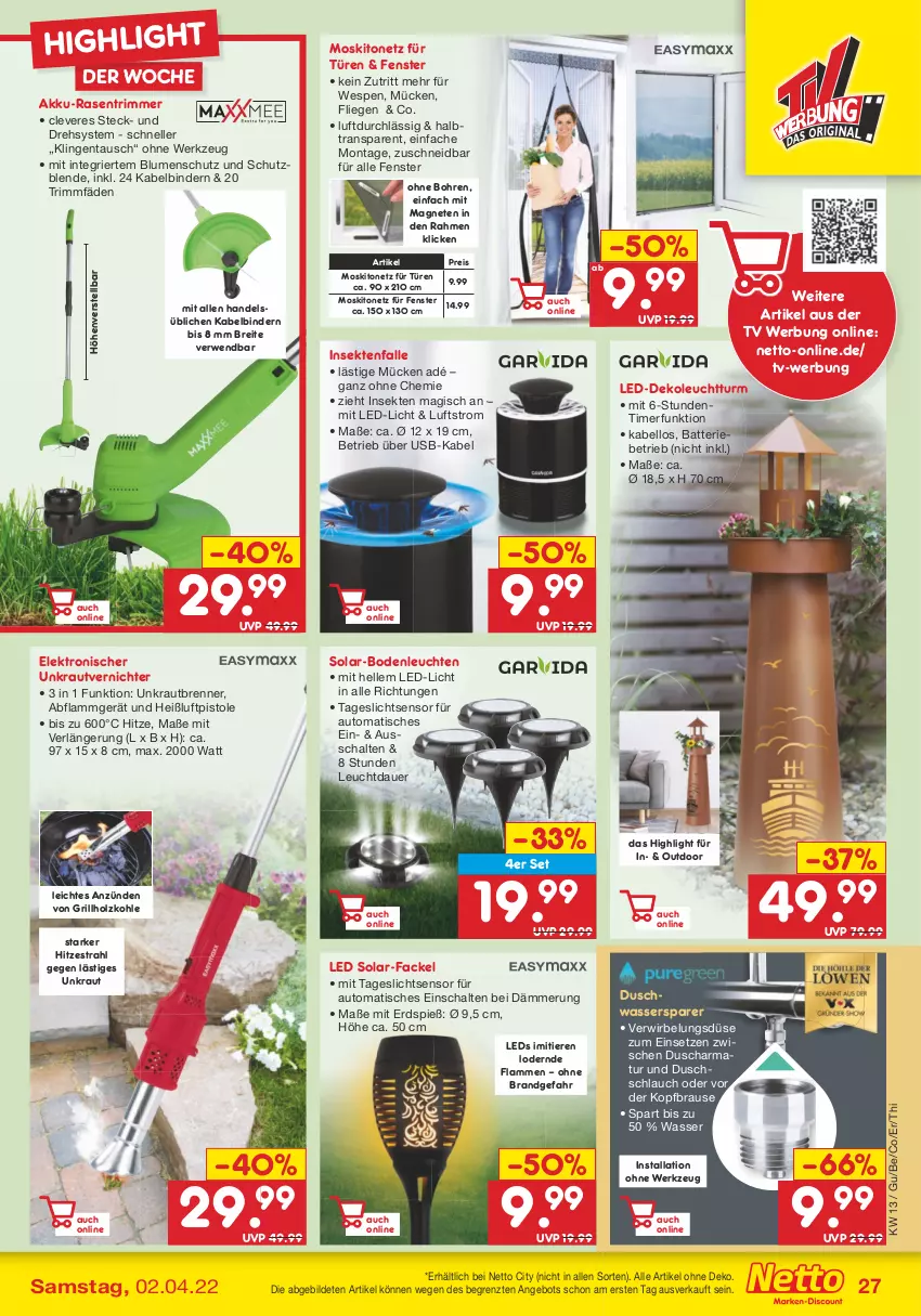 Aktueller Prospekt Netto Marken-Discount - Filial-Angebote - von 28.03 bis 02.04.2022 - strona 27 - produkty: akku, angebot, armatur, auer, auto, batterie, blume, blumen, brause, Brei, eis, Elektro, elle, fenster, grill, grillholzkohle, Holz, holzkohle, Kraut, lamm, led-licht, leds, Leuchte, leuchten, Liege, moskitonetz, rasen, rasentrimmer, reis, rwe, Schal, schlauch, sekt, Ti, Tiere, timer, tisch, unkrautvernichter, usb, wasser, werkzeug, ZTE