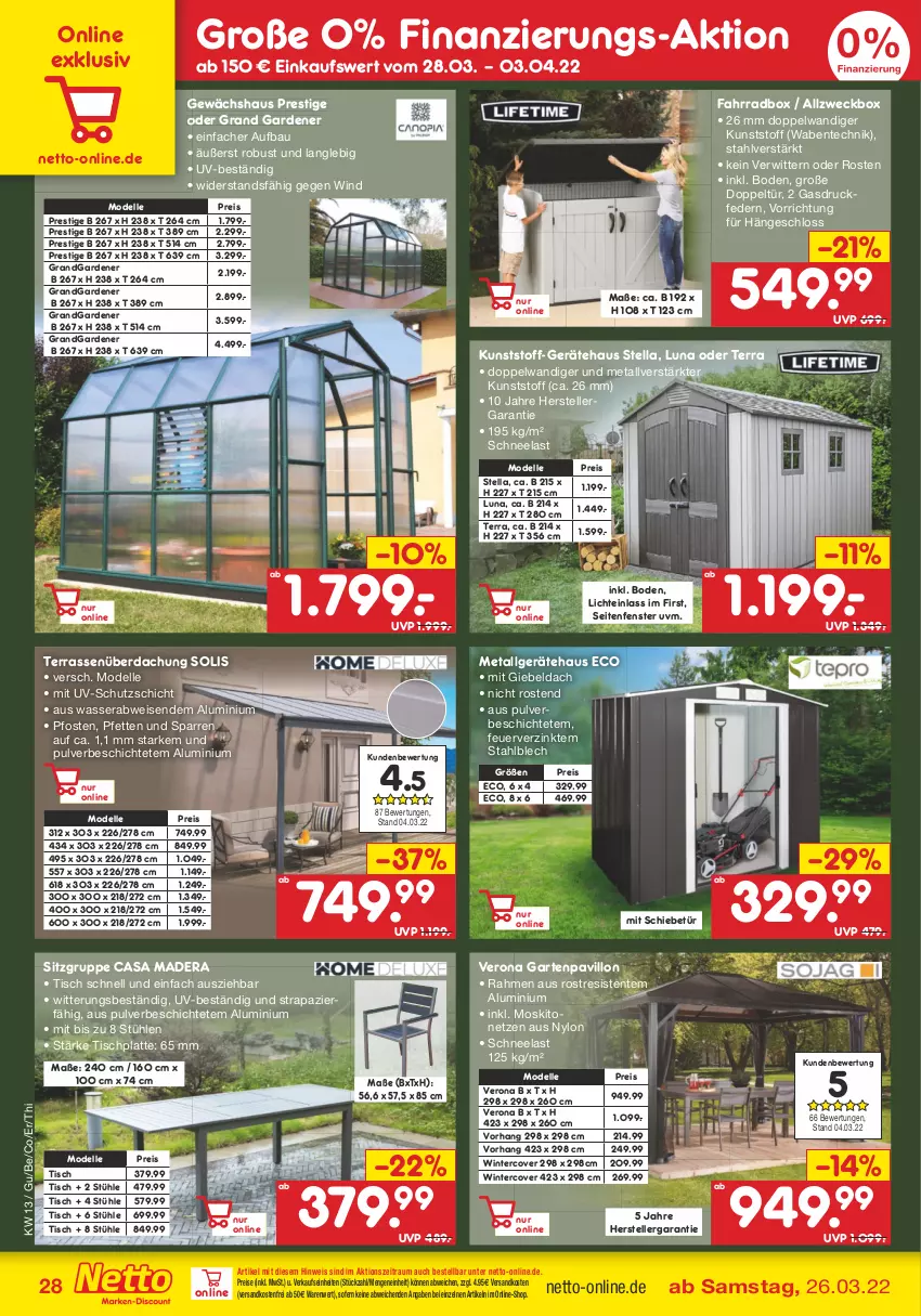 Aktueller Prospekt Netto Marken-Discount - Filial-Angebote - von 28.03 bis 02.04.2022 - strona 28 - produkty: Bau, dell, eis, elle, ente, Fahrrad, fenster, Garten, Gewächshaus, HP, latte, LG, Mode, moskitonetz, ndk, pavillon, reis, Stühl, teller, Terrassenüberdachung, Ti, tisch, tischplatte, uv-schutz, versandkostenfrei, wasser, weck