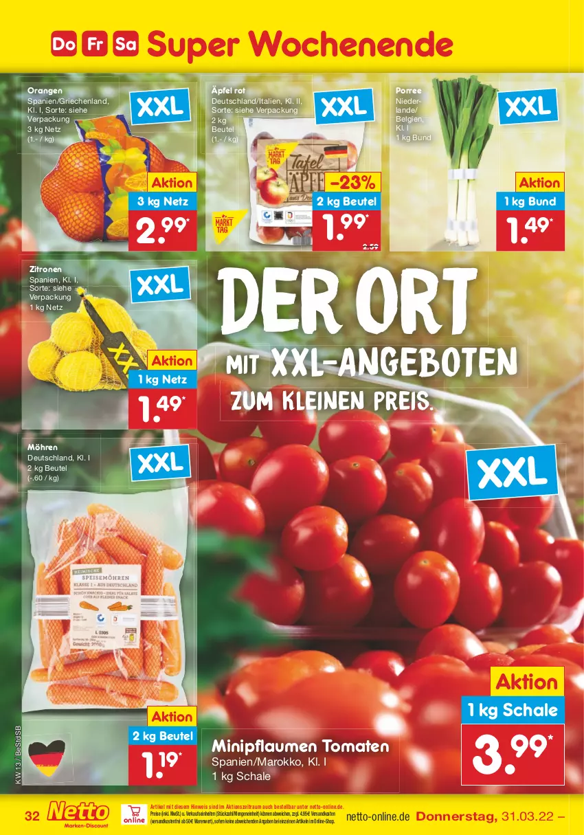 Aktueller Prospekt Netto Marken-Discount - Filial-Angebote - von 28.03 bis 02.04.2022 - strona 32 - produkty: angebot, angebote, beutel, eis, leine, LG, möhren, ndk, orange, orangen, pflaume, pflaumen, reis, Schal, Schale, Ti, tomate, tomaten, versandkostenfrei, zitrone, zitronen