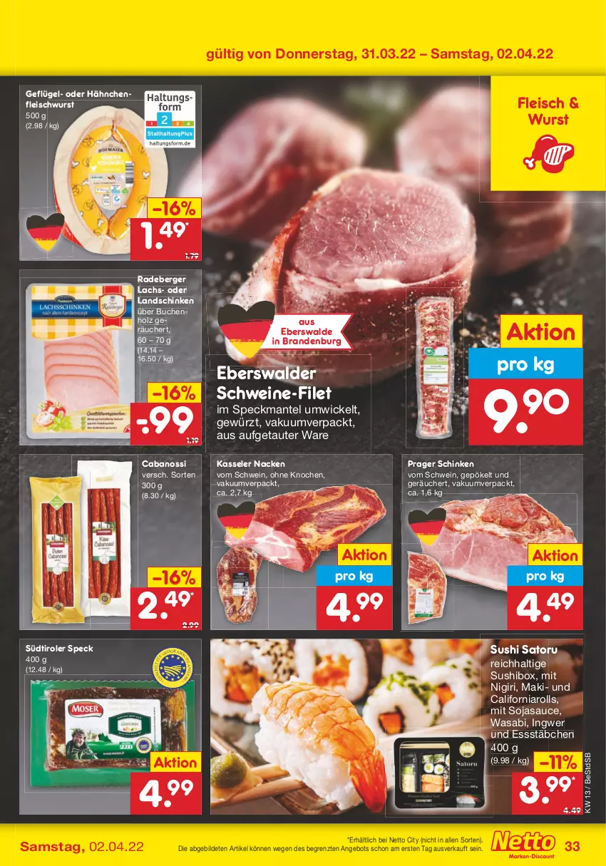 Aktueller Prospekt Netto Marken-Discount - Filial-Angebote - von 28.03 bis 02.04.2022 - strona 33 - produkty: angebot, Berger, buch, Cabanossi, eis, filet, fleisch, fleischwurst, Geflügel, gewürz, Hähnchenfleisch, Holz, ingwer, kasseler, lachs, landschinken, Mantel, radeberger, sauce, schinken, schwein, schweine, schweine-filet, soja, sojasauce, Speck, südtiroler, Sushi, Ti, wasa, wein, weine, WICK, wurst, ZTE