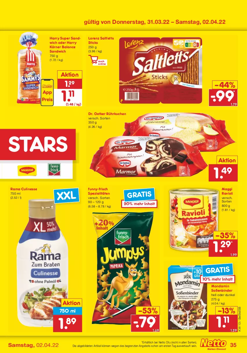 Aktueller Prospekt Netto Marken-Discount - Filial-Angebote - von 28.03 bis 02.04.2022 - strona 35 - produkty: angebot, culinesse, Dr. Oetker, funny-frisch, kuchen, lorenz, maggi, mondamin, rama, Rama Culinesse, ravioli, saltletts, sandwich, Soße, Spezi, Ti, ZTE