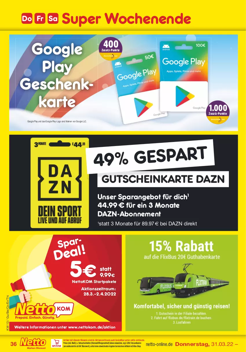 Aktueller Prospekt Netto Marken-Discount - Filial-Angebote - von 28.03 bis 02.04.2022 - strona 36 - produkty: angebot, eis, google play, gutschein, ndk, reis, Ti, versandkostenfrei