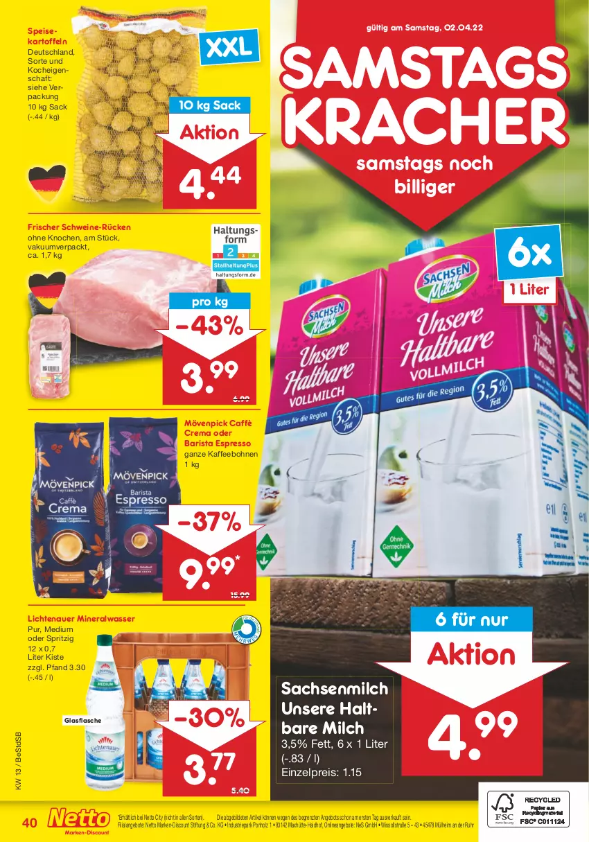 Aktueller Prospekt Netto Marken-Discount - Filial-Angebote - von 28.03 bis 02.04.2022 - strona 40 - produkty: Alwa, angebot, angebote, auer, bohne, bohnen, caffè crema, discount, eis, espresso, flasche, glasflasche, haltbare milch, Holz, kaffee, kaffeebohnen, kartoffel, kartoffeln, kracher, lichtenauer, marken-discount, milch, mineralwasser, mövenpick, reis, sac, schwein, schweine, speisekartoffeln, Ti, uhr, wasser, wein, weine, ZTE