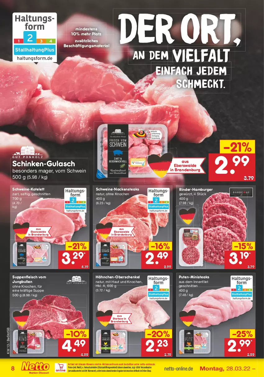 Aktueller Prospekt Netto Marken-Discount - Filial-Angebote - von 28.03 bis 02.04.2022 - strona 8 - produkty: burger, eis, filet, fleisch, gewürz, gulasch, hamburger, henkel, jungbullen, kotelett, Nackensteak, nackensteaks, natur, ndk, pute, reis, Ria, rind, rinder, saft, schenkel, schinken, schnitten, schwein, schweine, steak, steaks, suppe, suppen, suppenfleisch, Ti, versandkostenfrei, wein, weine