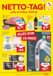 Gazetka promocyjna Netto Marken-Discount - Filial-Angebote - Gazetka - ważna od 02.04 do 02.04.2022 - strona 39 - produkty: almighur, almighurt, angebot, braten, dornfelder, dusche, ehrmann, ehrmann almighurt, eis, fisch, fleisch, früchte, früchten, hero, Käse, meeresfrüchte, mövenpick, mövenpick eis, Müller, Müller-Thurgau, passend für alle, pasta, qualitätswein, reis, rotwein, saft, schläuche, steak, steakhüfte, Ti, tisch, wasser, wein, Weißwein, Wild, ZTE