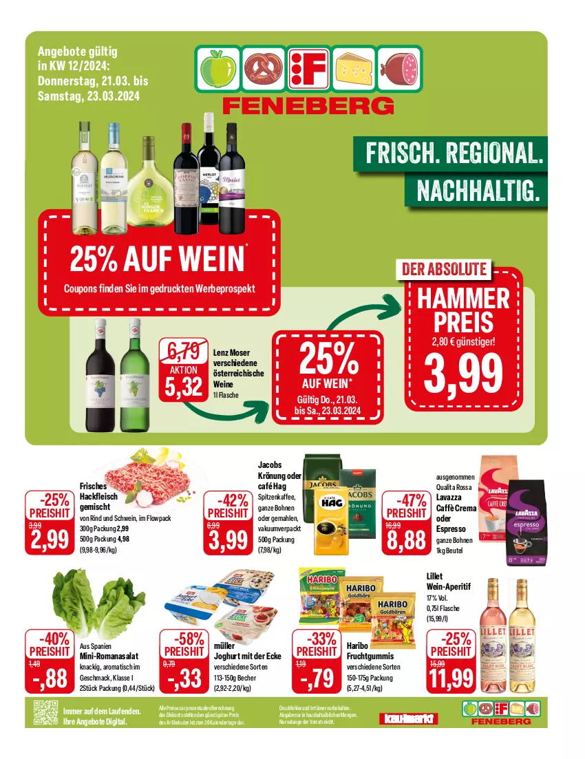 Aktueller Prospekt Feneberg - Prospekte - von 21.03 bis 23.03.2024 - strona 1 - produkty: angebot, angebote, aperitif, Becher, beutel, bohne, bohnen, caffè crema, coupon, coupons, eis, elle, espresso, flasche, fleisch, frucht, fruchtgummi, fruchtgummis, hackfleisch, hackfleisch gemischt, haribo, jacobs, jacobs krönung, joghur, joghurt, joghurt mit der ecke, kaffee, Laufen, lavazza, Lenz Moser, lillet, mac, moser, Müller, oder espresso, reis, rind, Romanasalat, salat, schwein, Ti, tisch, wein, weine, ZTE