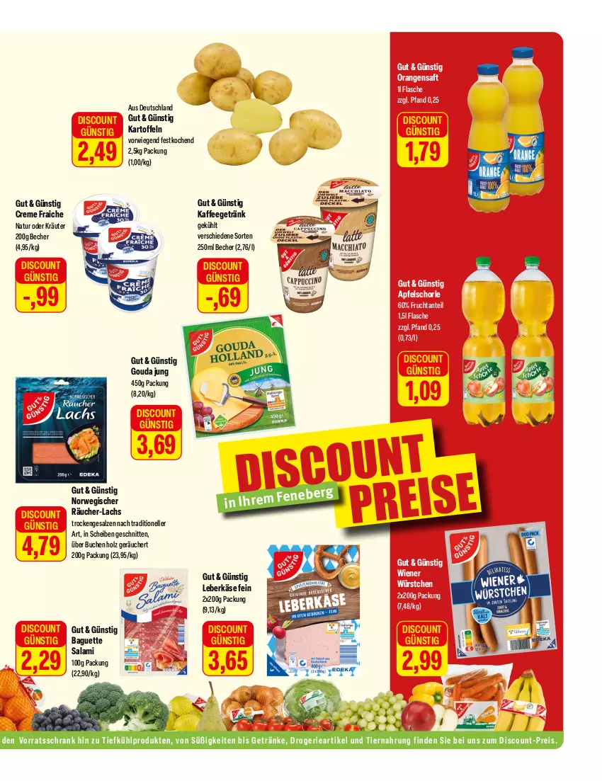 Aktueller Prospekt Feneberg - Prospekte - von 21.03 bis 23.03.2024 - strona 11 - produkty: apfel, Apfelschorle, baguette, Becher, buch, creme, discount, eis, elle, flasche, frucht, getränk, getränke, gouda, gouda jung, Holz, kaffee, kartoffel, kartoffeln, Käse, kräuter, lachs, leberkäs, leberkäse, natur, oder kräuter, orange, orangen, orangensaft, reis, rwe, saft, salami, salz, schnitten, schorle, Schrank, Ti, tiernahrung, vorratsschrank, wiener, wiener würstchen, würstchen